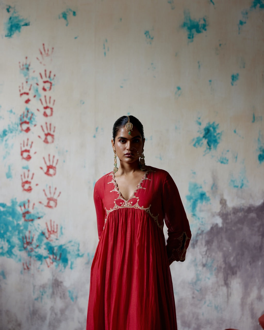 Red Gather Kurta Set