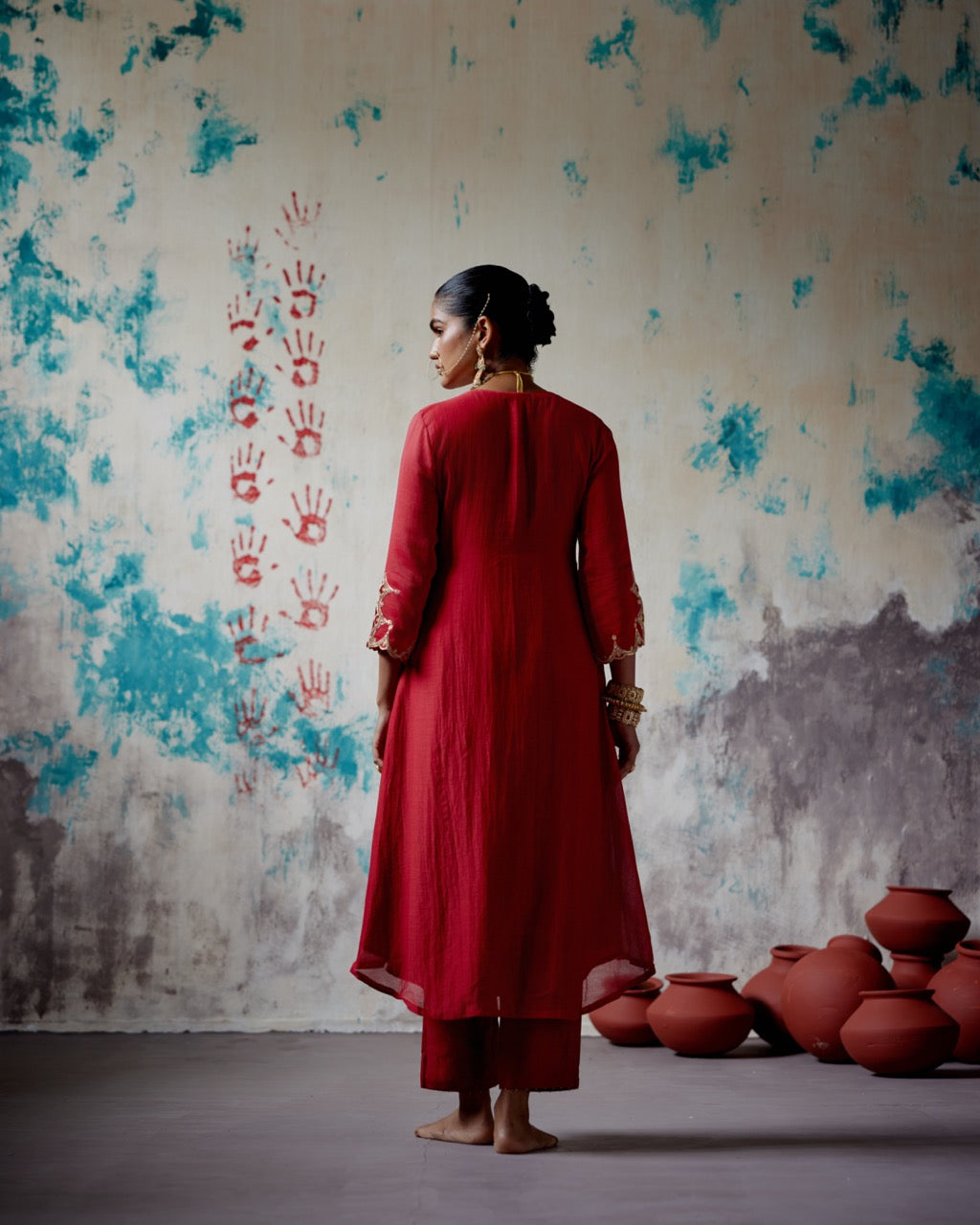 Red Gather Kurta Set