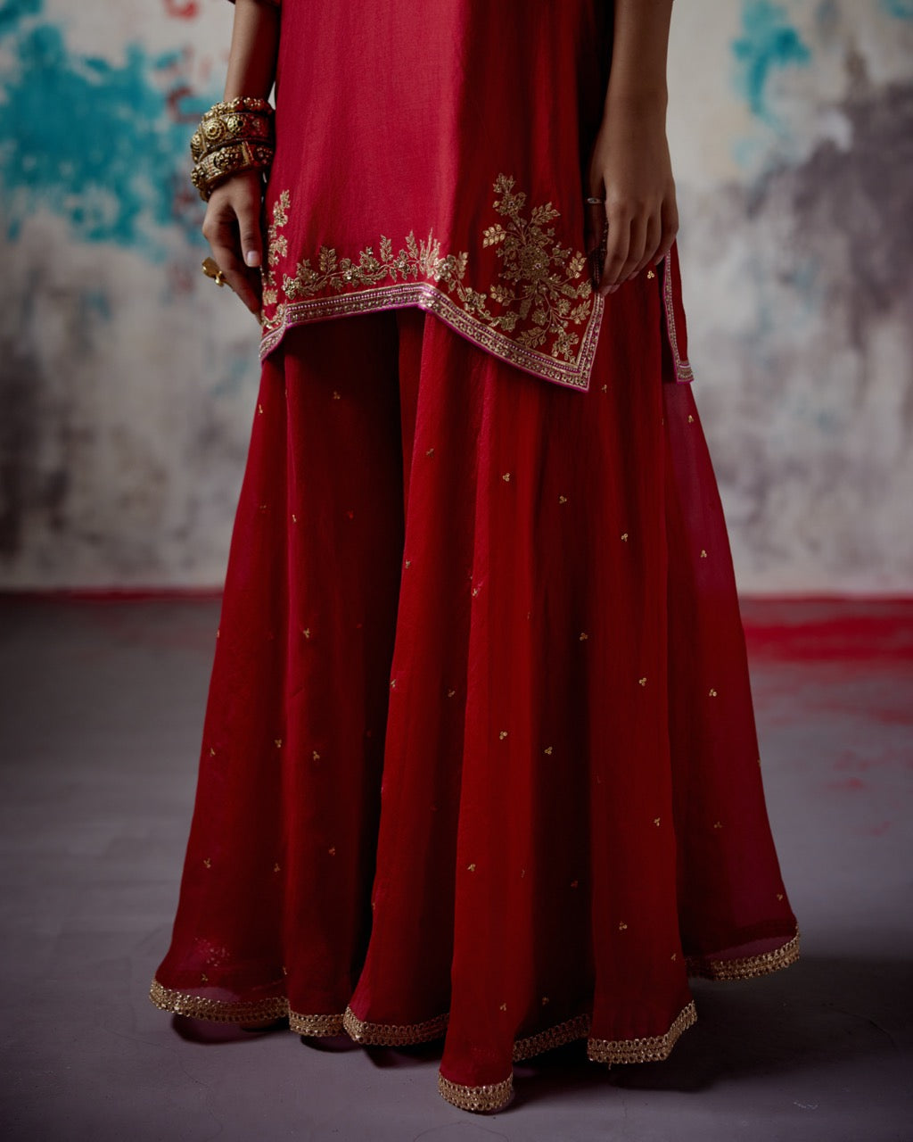 Red Short Kurta Sharara Set