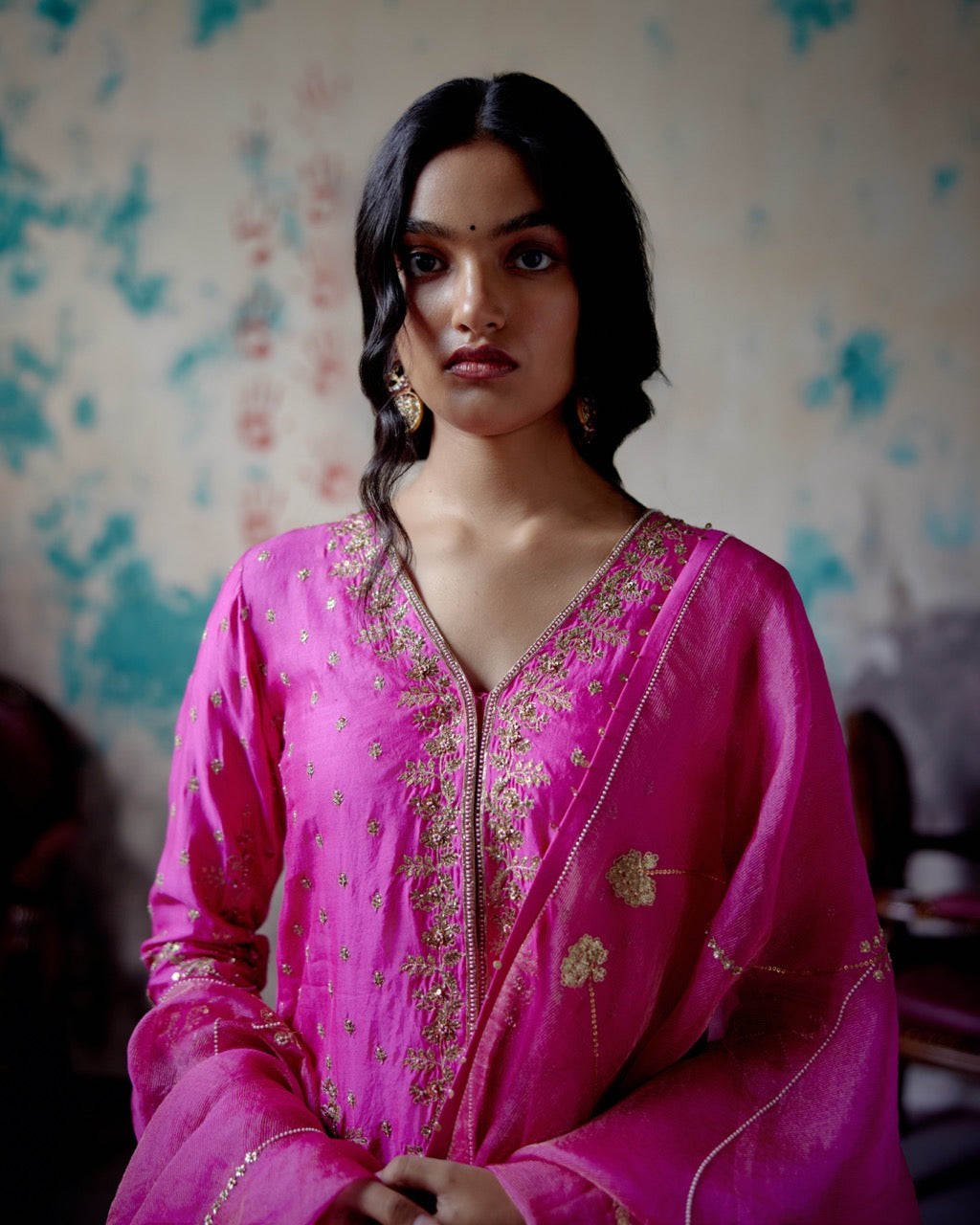 Fuchsia Pink Center Open Short Kurta Set
