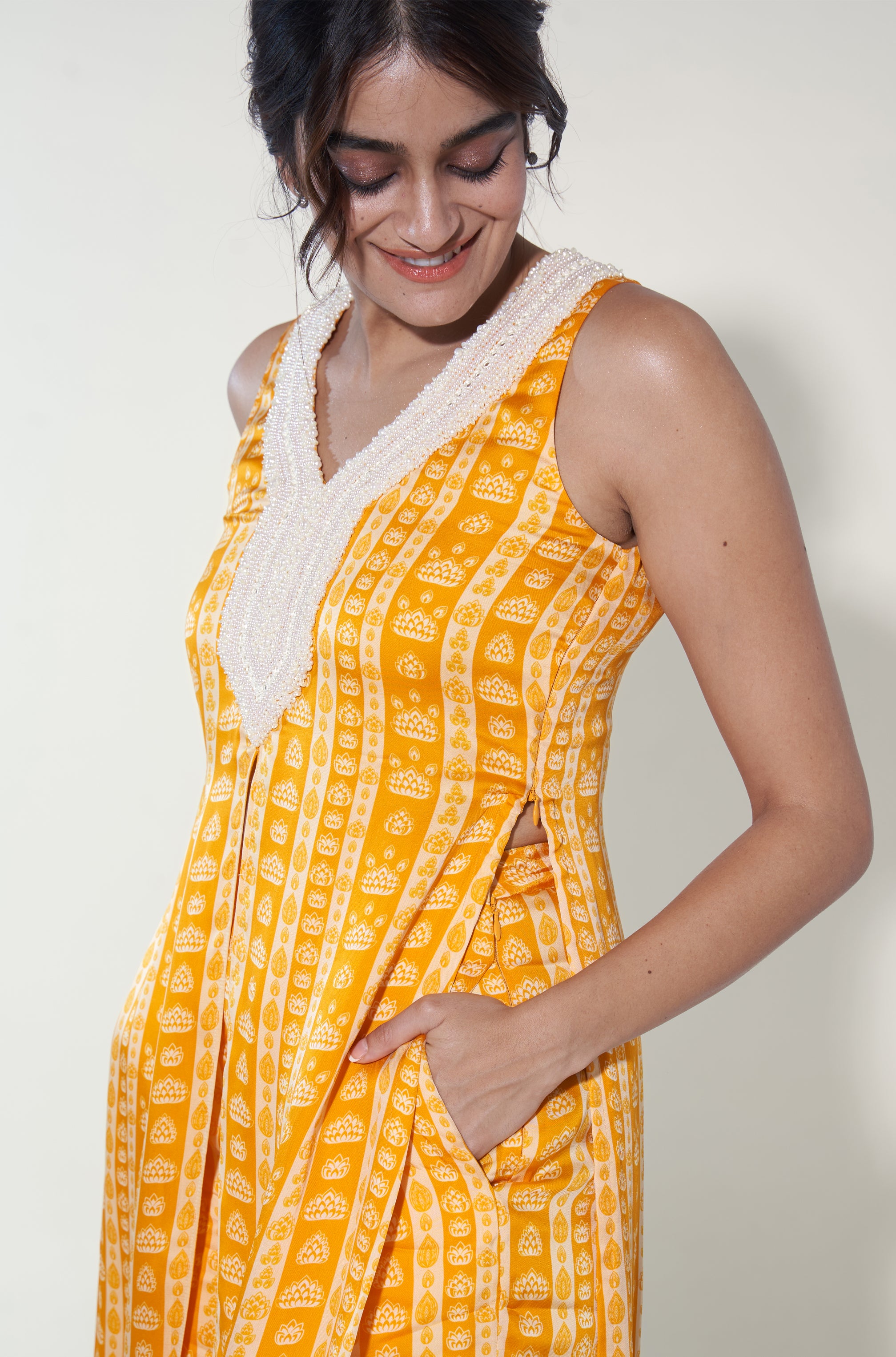 Mustard & White Floral Stripes Kurta Set