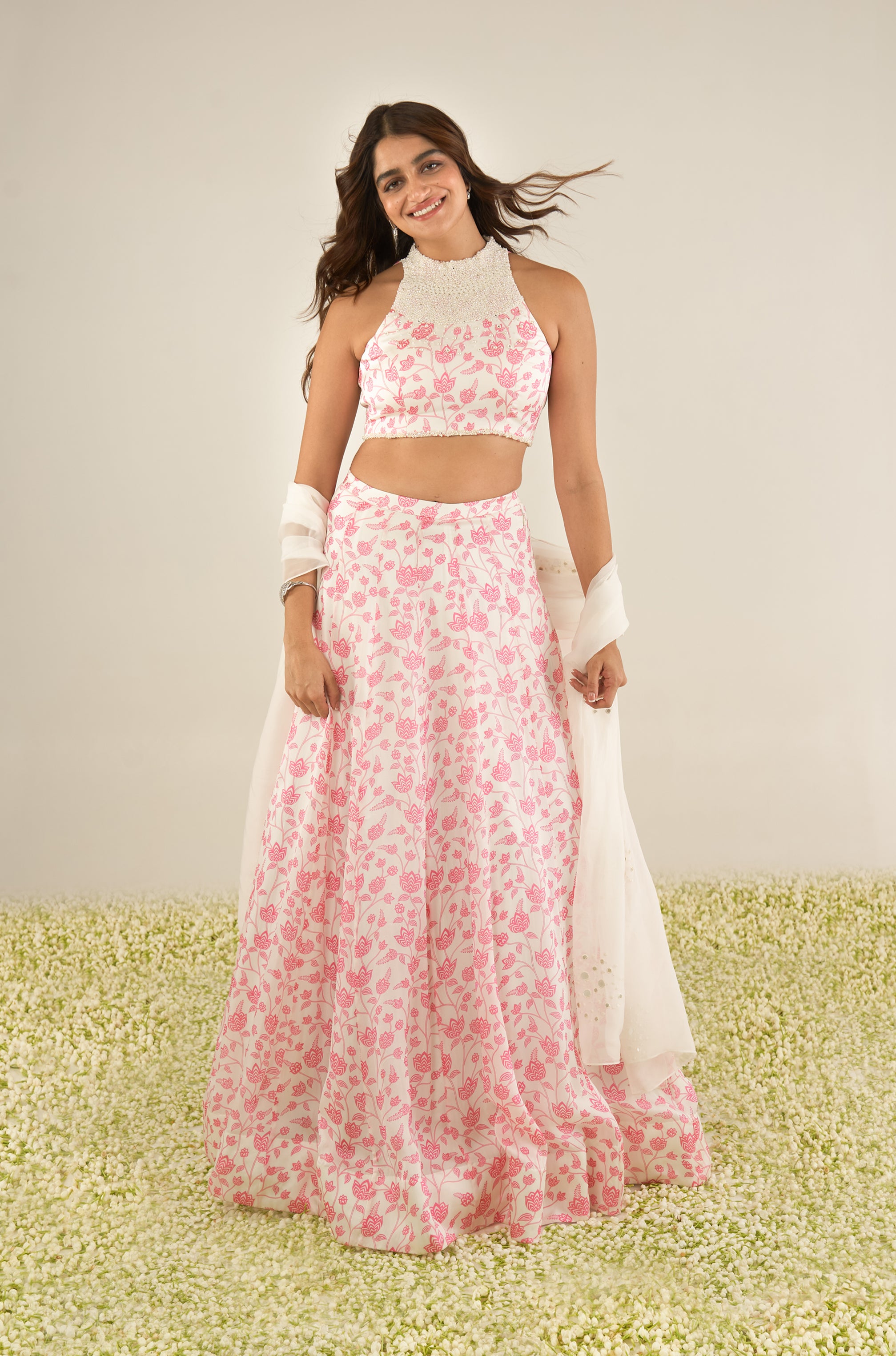 White & Pink Lehenga Set