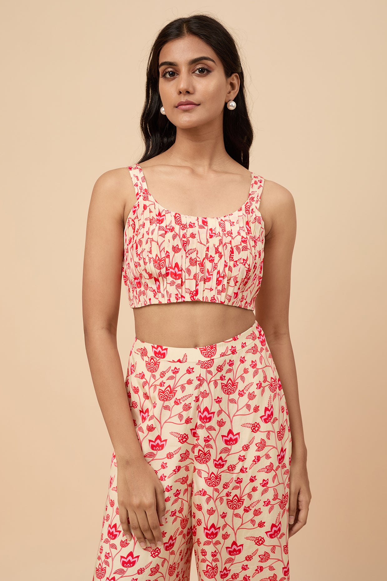 Cream and Red Crop top Co-ord