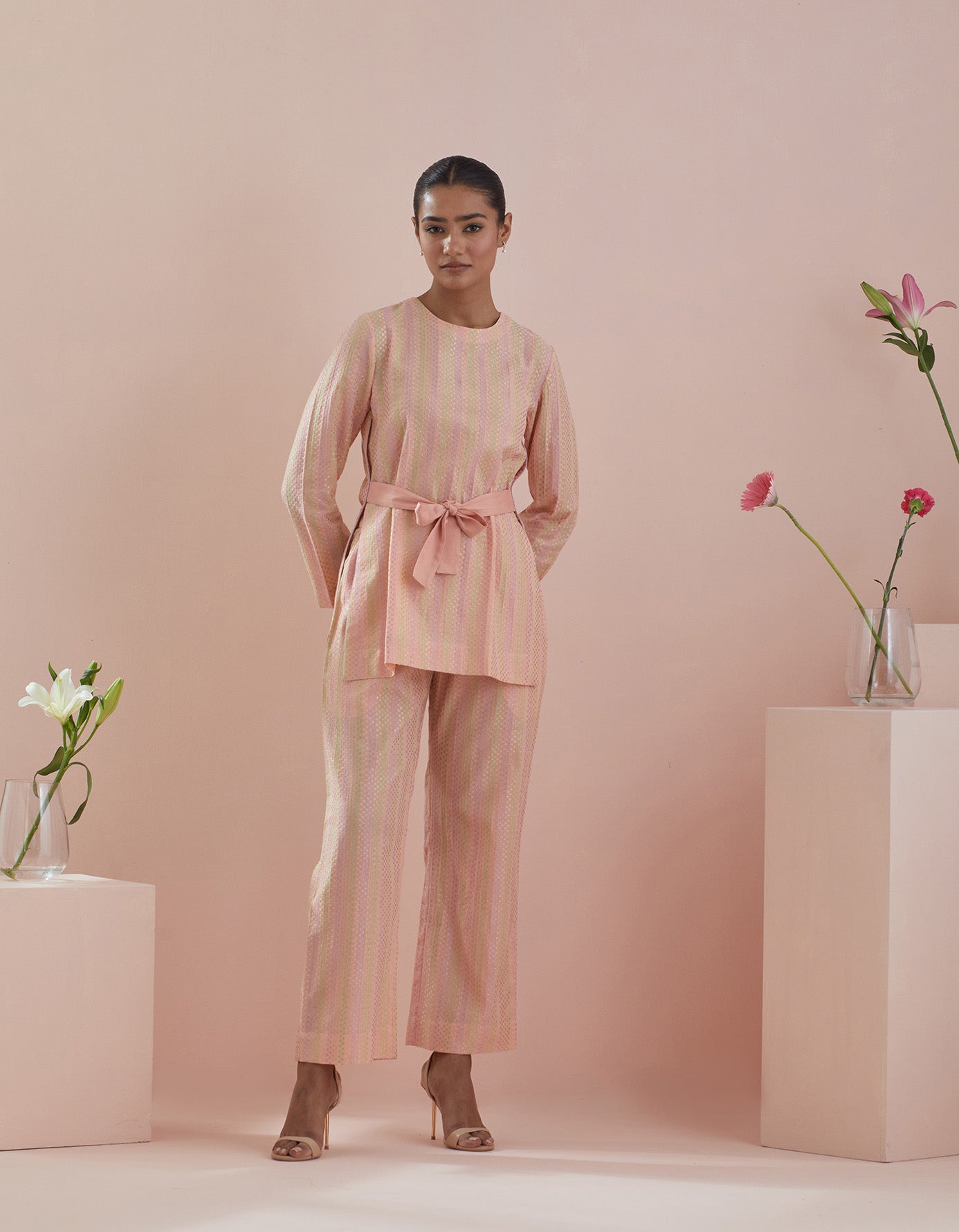 Co-ordinate Set - Textured Cotton Tunic with Front Tie Details and Pants in Peach