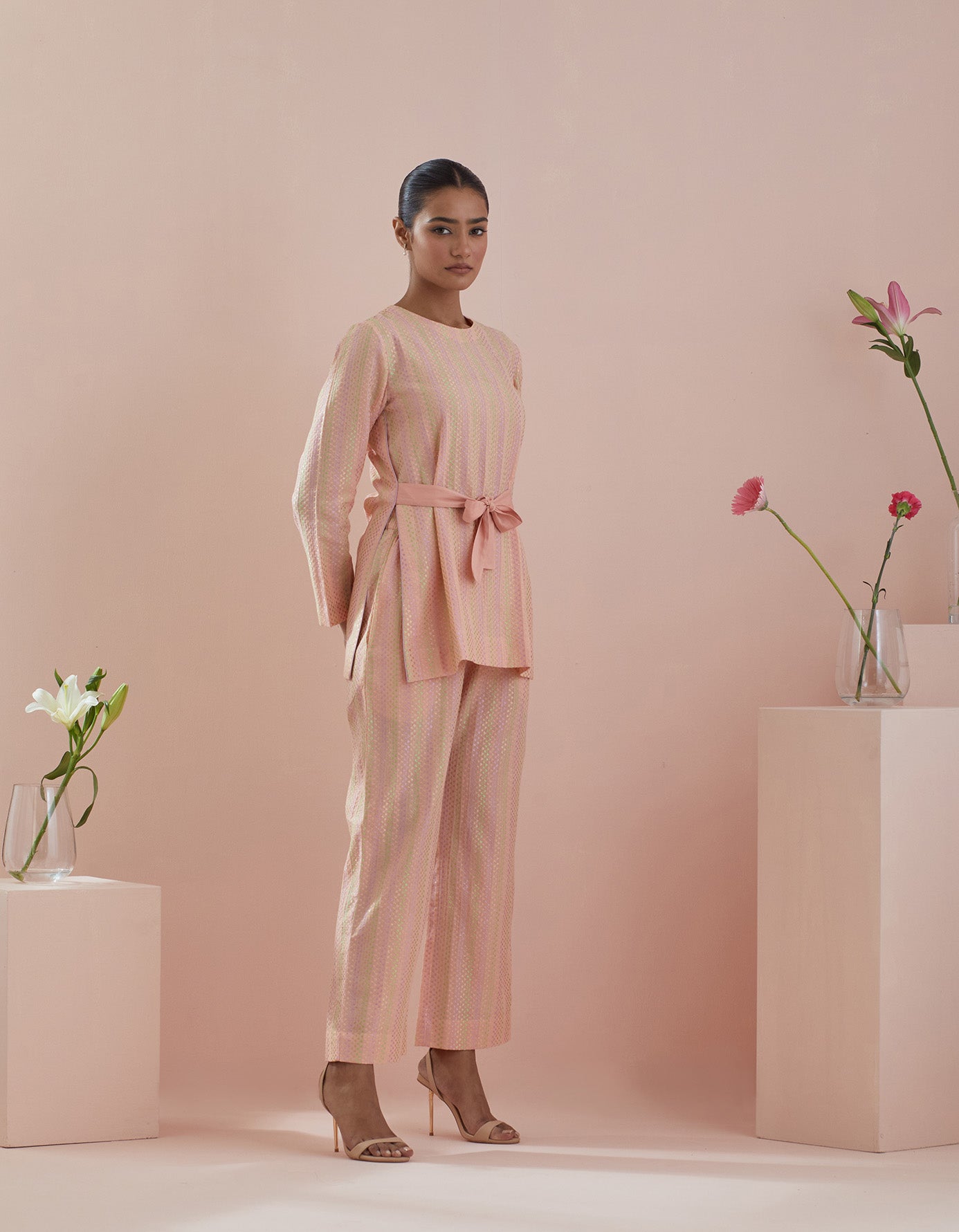 Co-ordinate Set - Textured Cotton Tunic with Front Tie Details and Pants in Peach