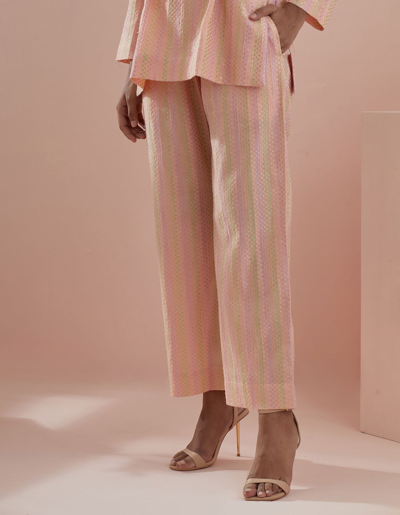 Co-ordinate Set - Textured Cotton Tunic with Front Tie Details and Pants in Peach