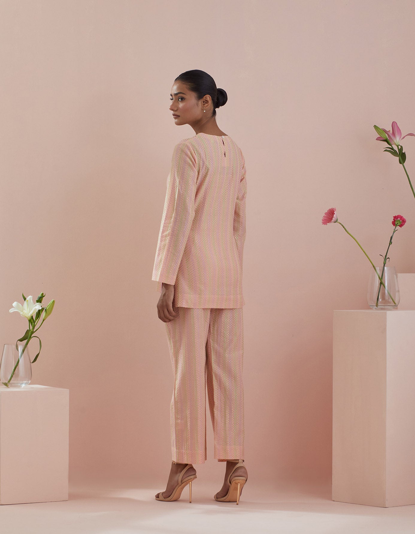 Co-ordinate Set - Textured Cotton Tunic with Front Tie Details and Pants in Peach