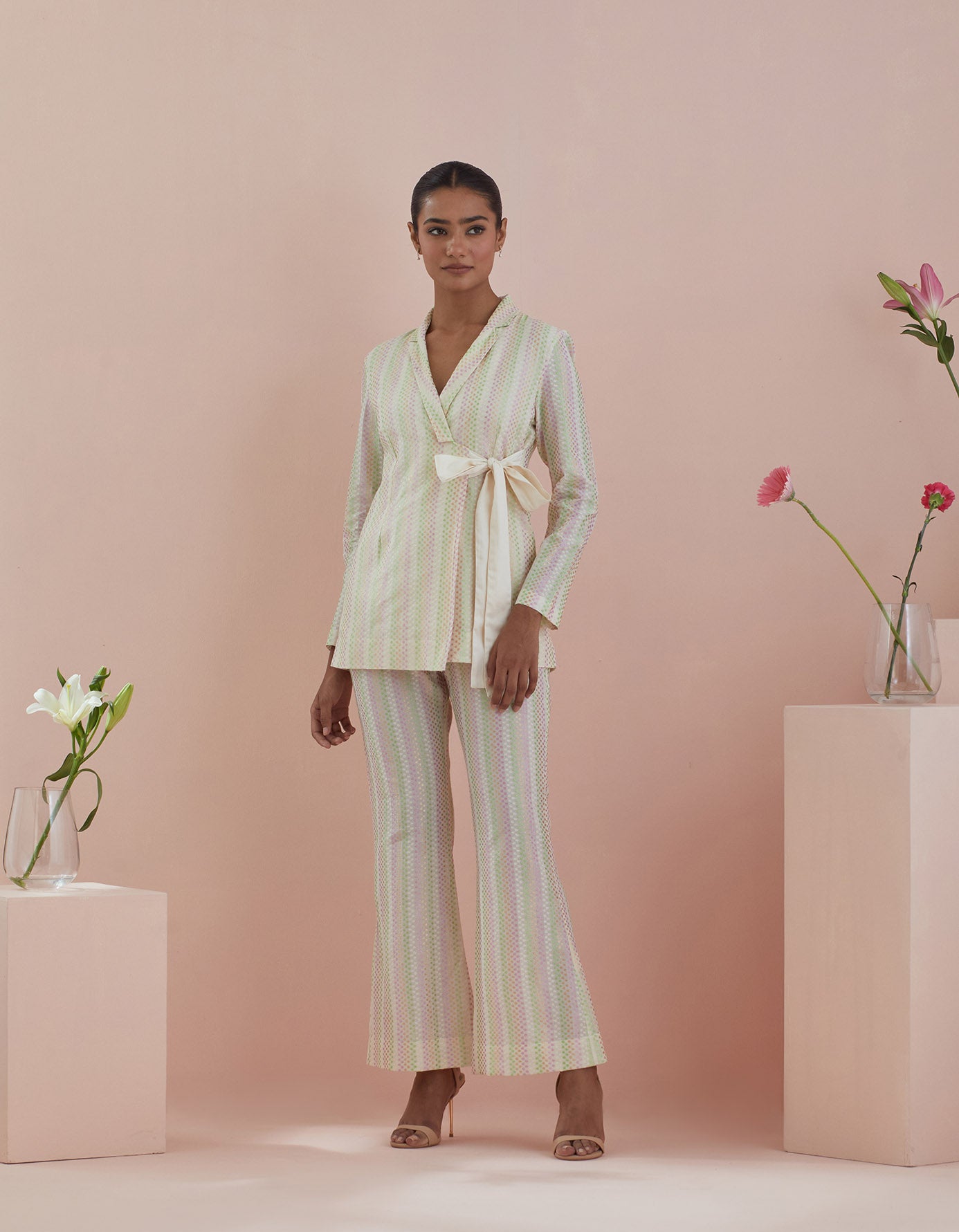 Co-ordinate Set- Textured Cotton Jacket and Pants in Off White