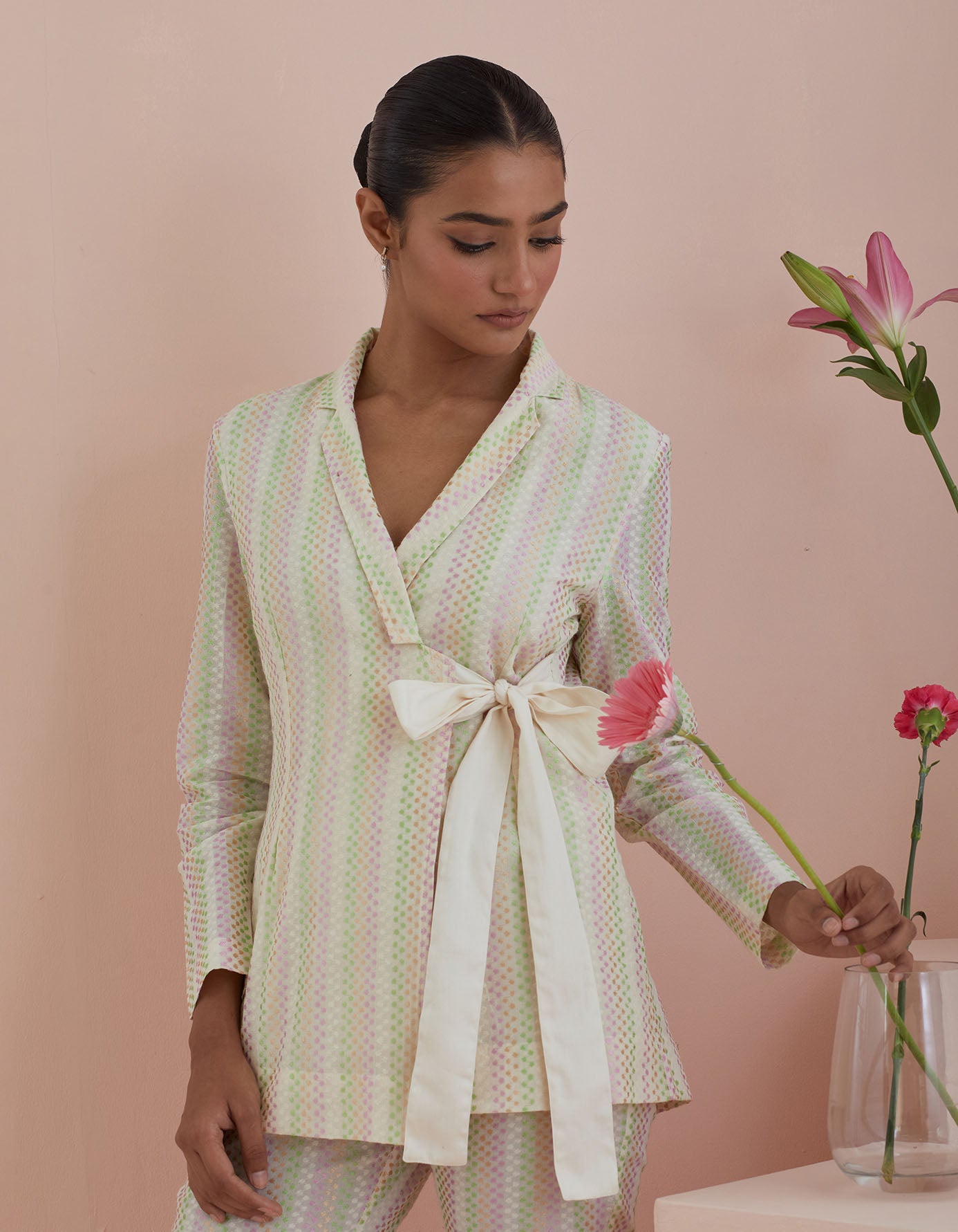 Co-ordinate Set- Textured Cotton Jacket and Pants in Off White
