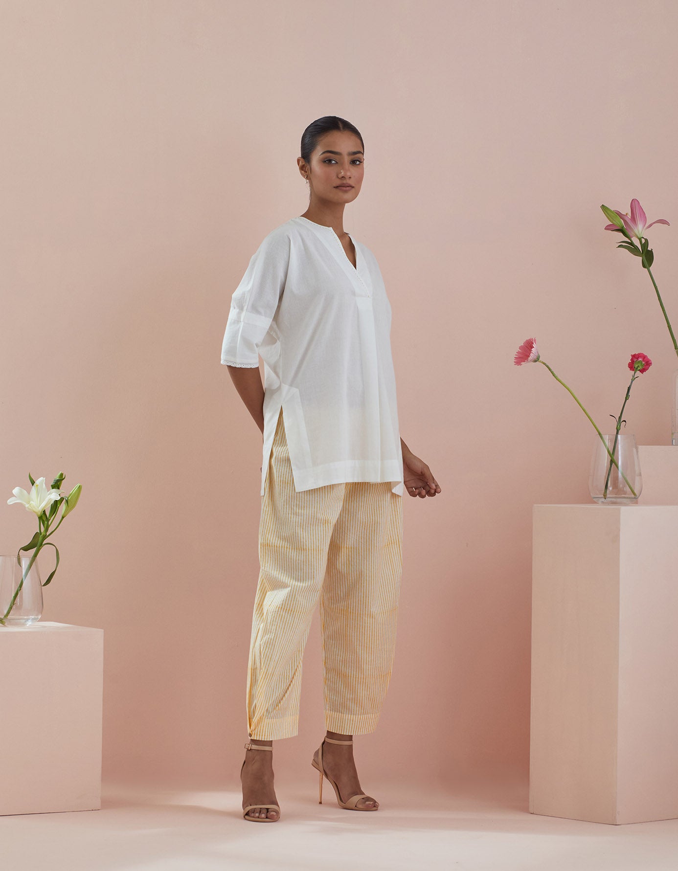 Co-ordinate Set- Cotton Tunic with Stylized Pants in Pinstripes