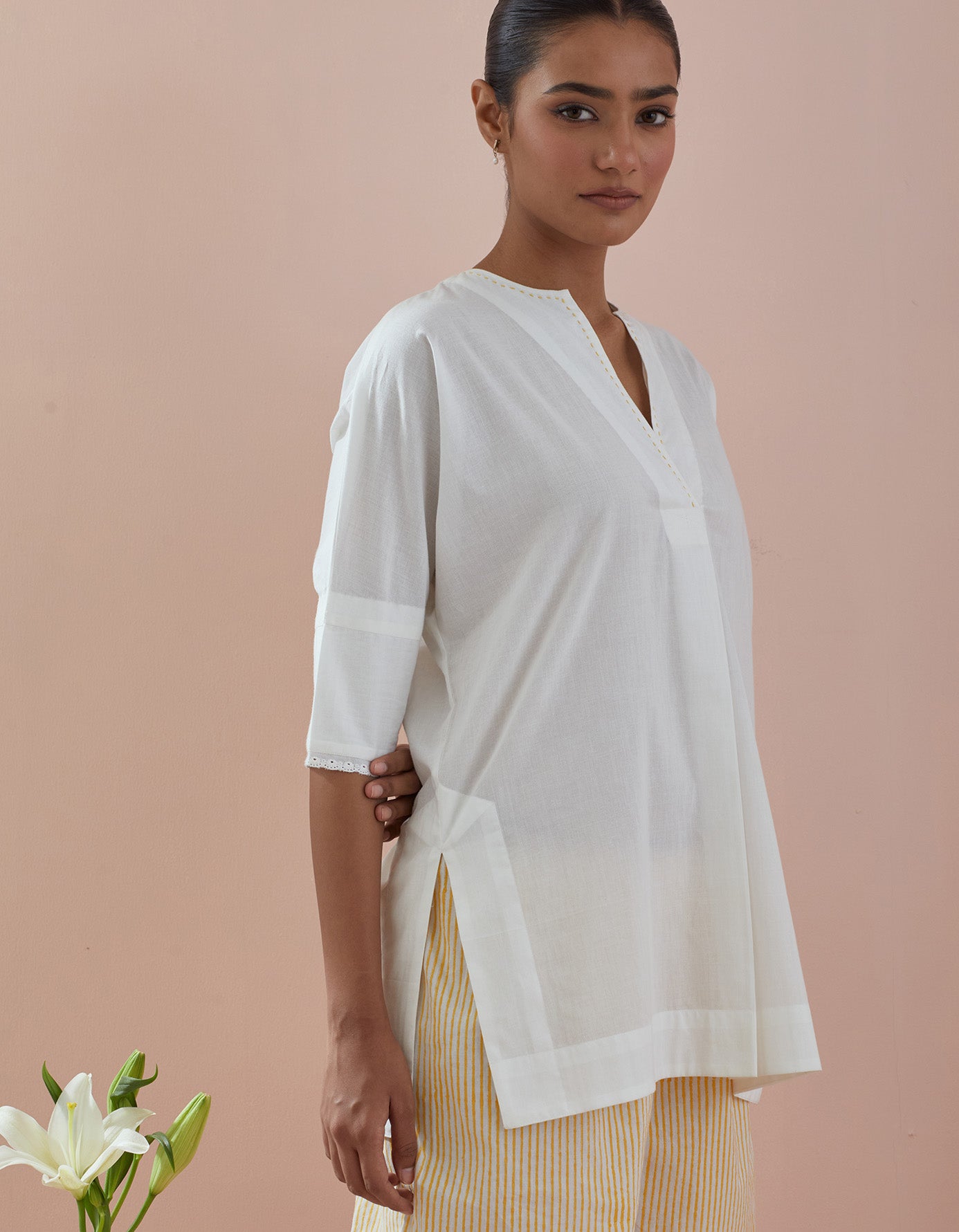 Co-ordinate Set- Cotton Tunic with Stylized Pants in Pinstripes