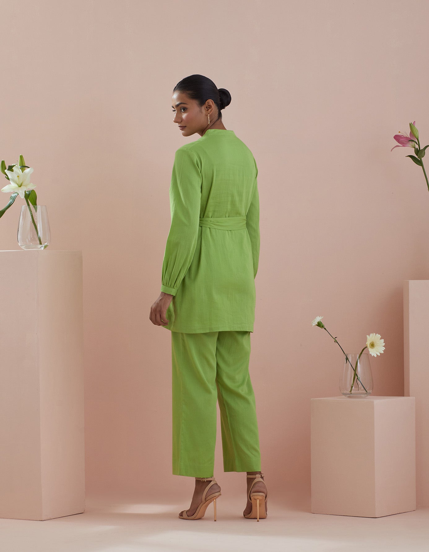 Co-ordinate Set - Front Open Tunic with Pants in Green Cotton
