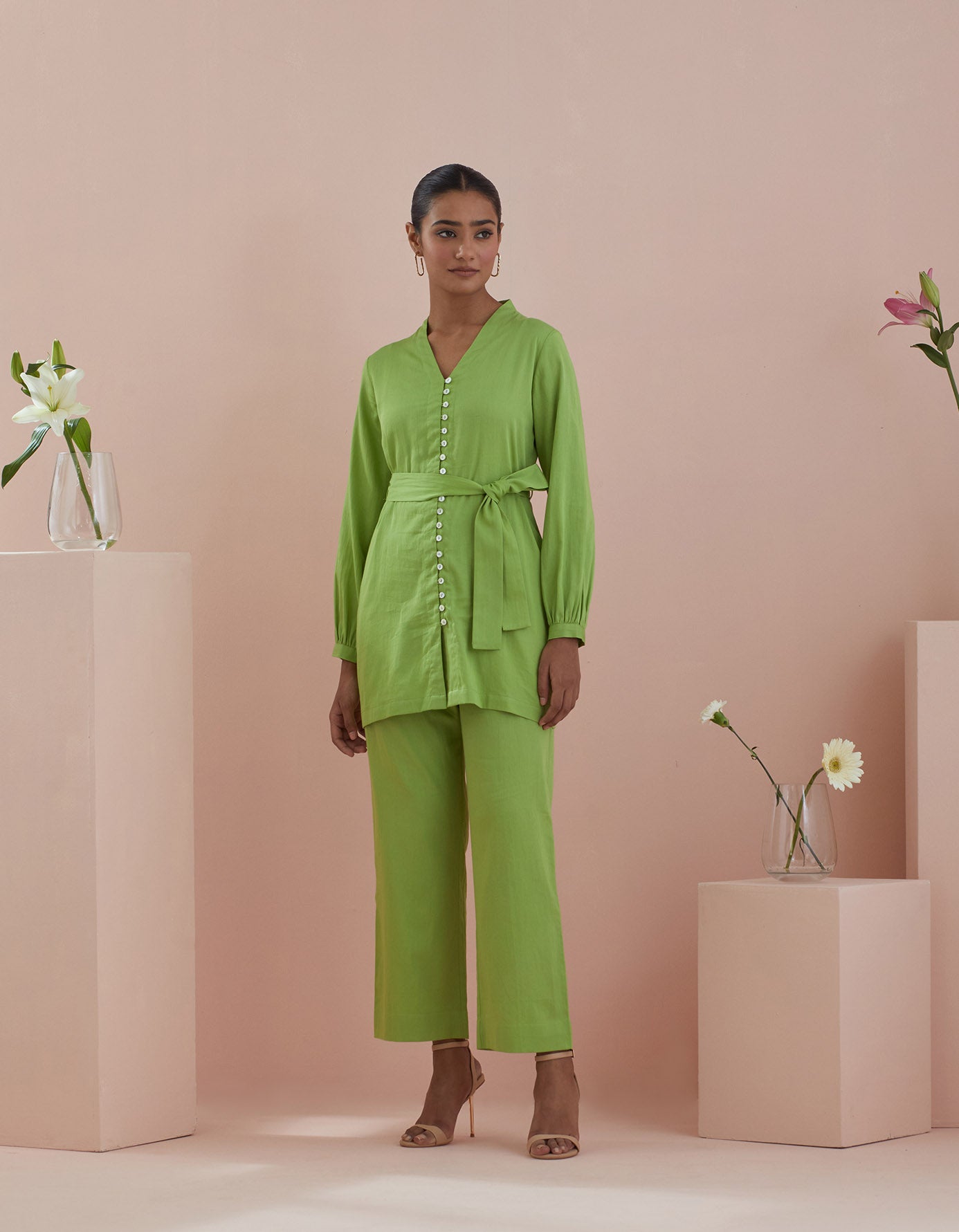 Co-ordinate Set - Front Open Tunic with Pants in Green Cotton