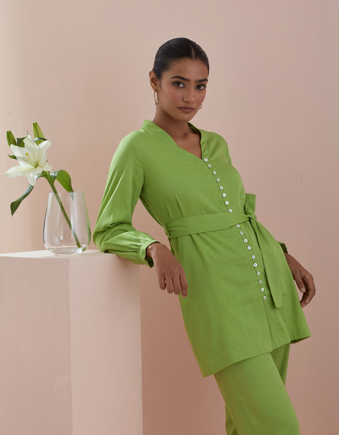 Co-ordinate Set - Front Open Tunic with Pants in Green Cotton