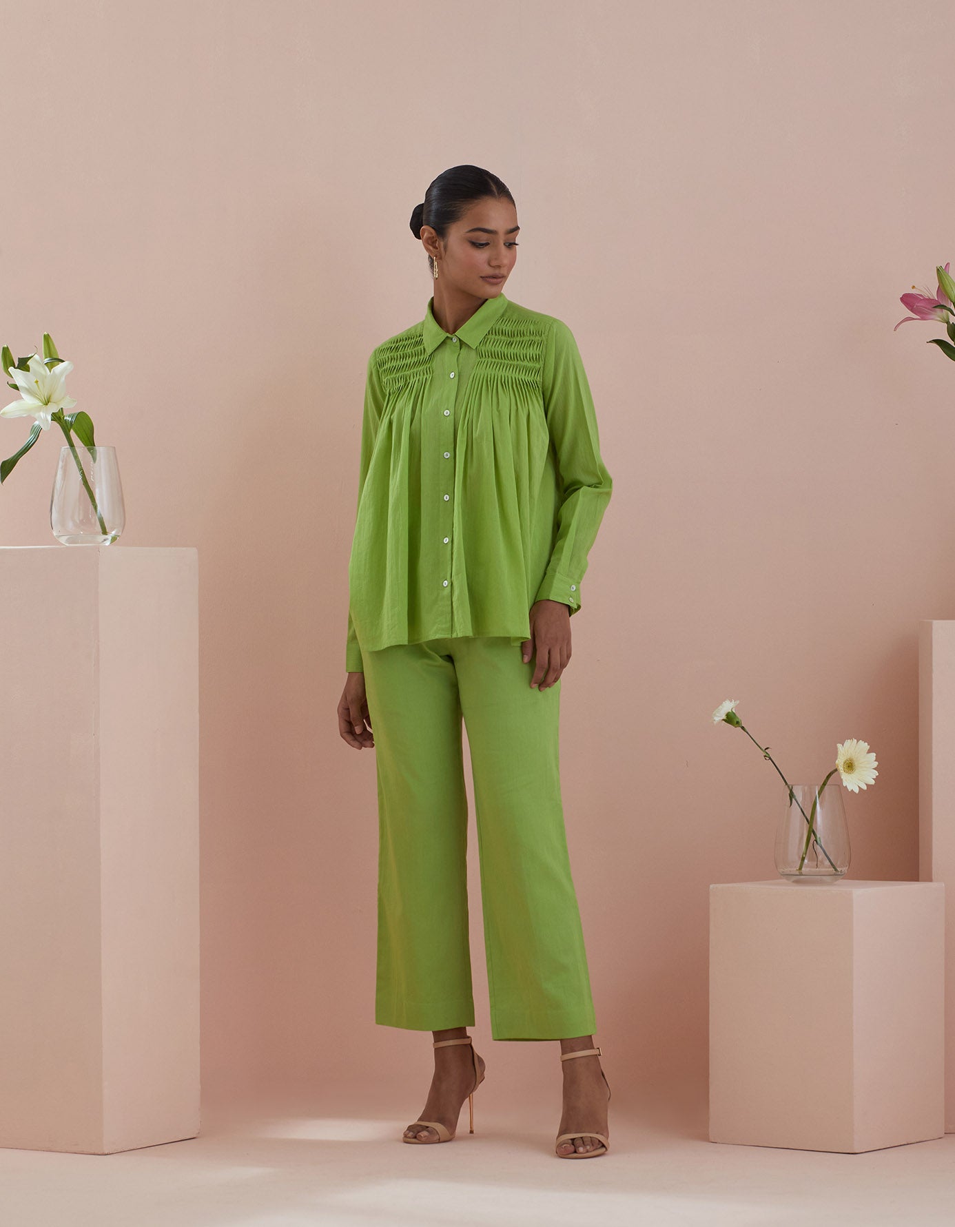Co-ordinate Set- Green Cotton Shirt with Pin tuck Details and Pants