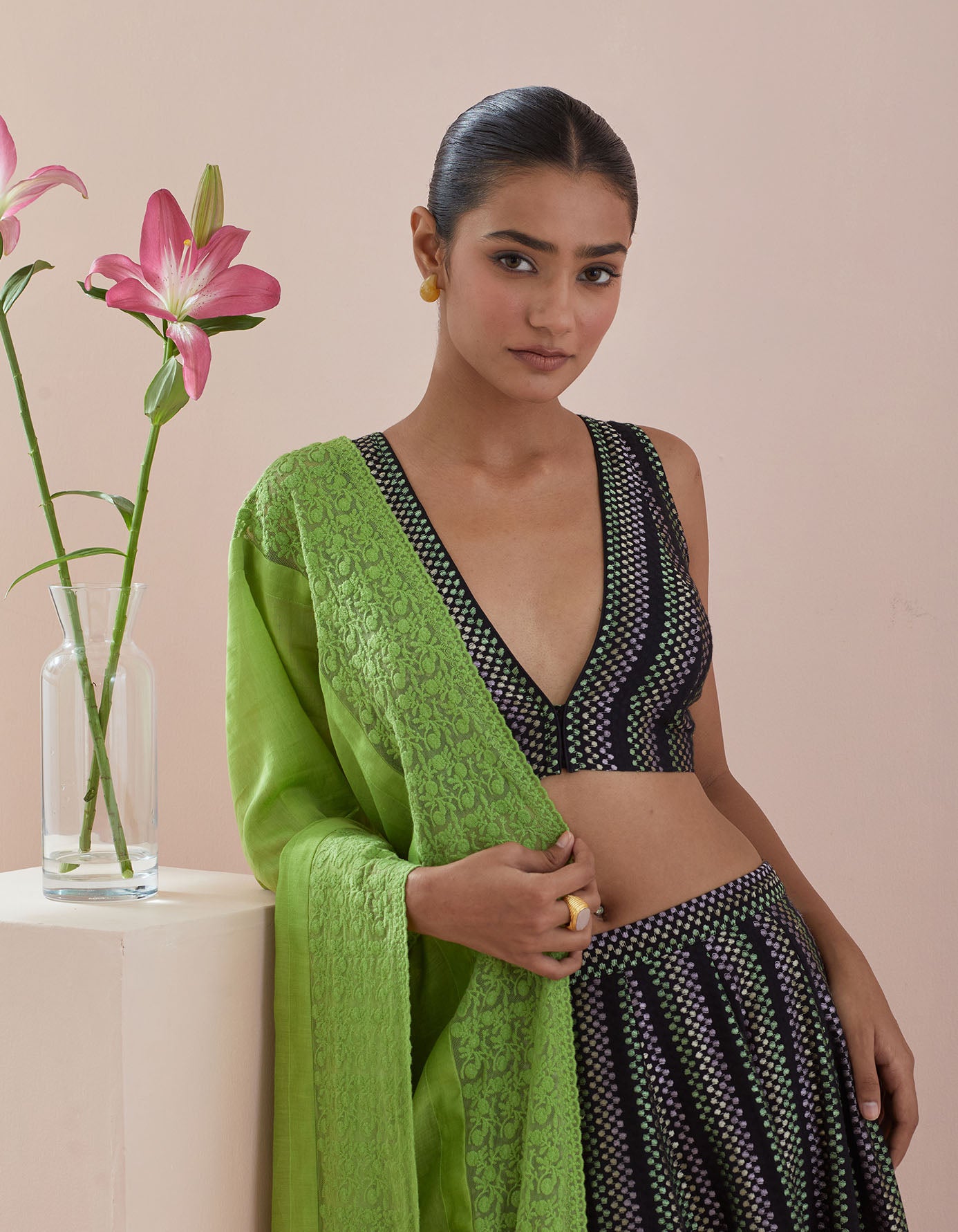 Lehenga set- Textured Cotton Skirt and Blouse in Black and Green Chanderi Dupatta