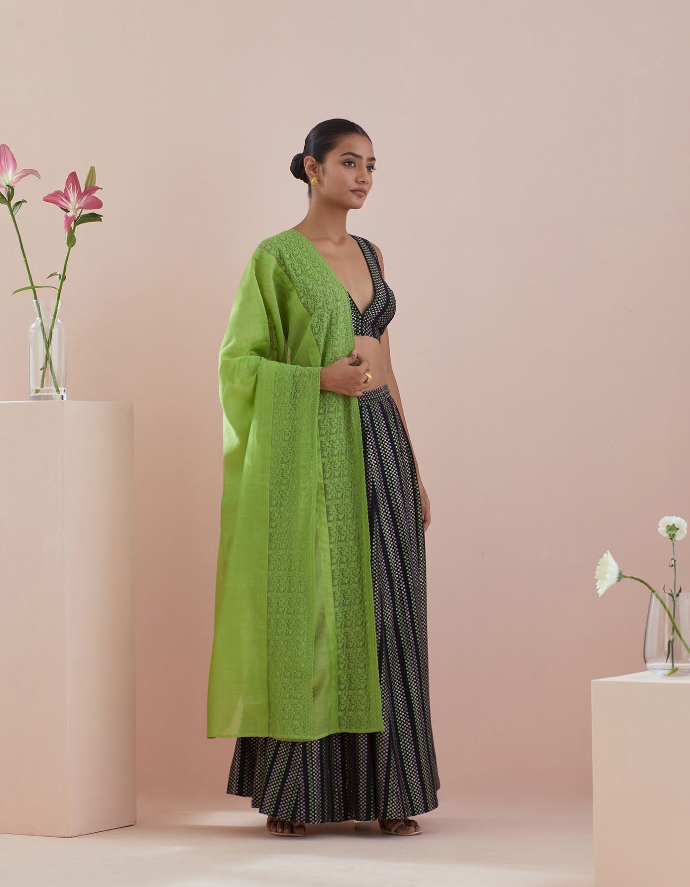 Lehenga set- Textured Cotton Skirt and Blouse in Black and Green Chanderi Dupatta