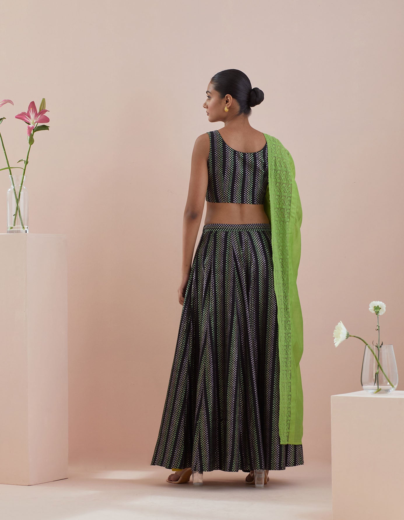 Lehenga set- Textured Cotton Skirt and Blouse in Black and Green Chanderi Dupatta