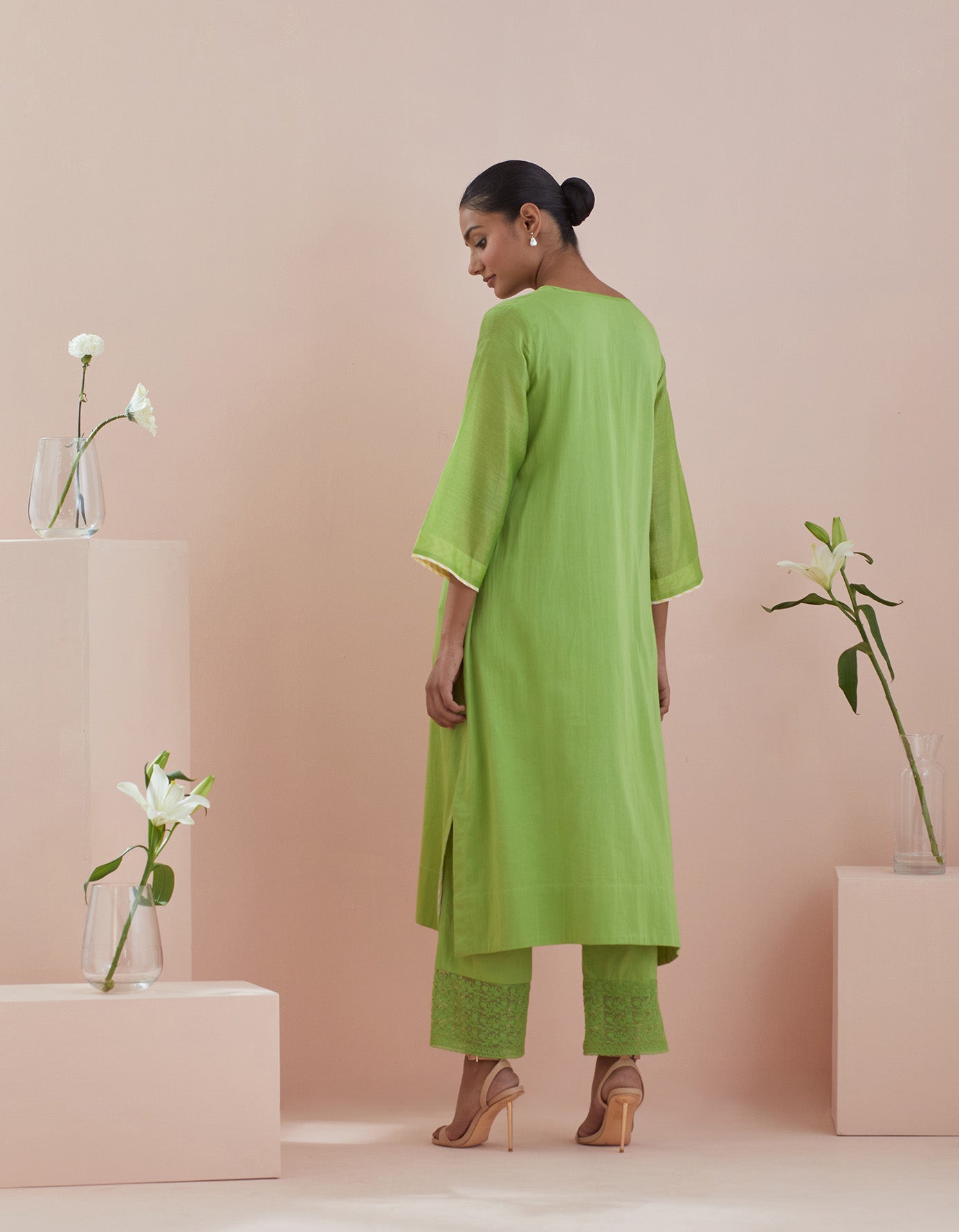 A line Kurta with Cropped Pants with Lace & Green Cotton Dupatta