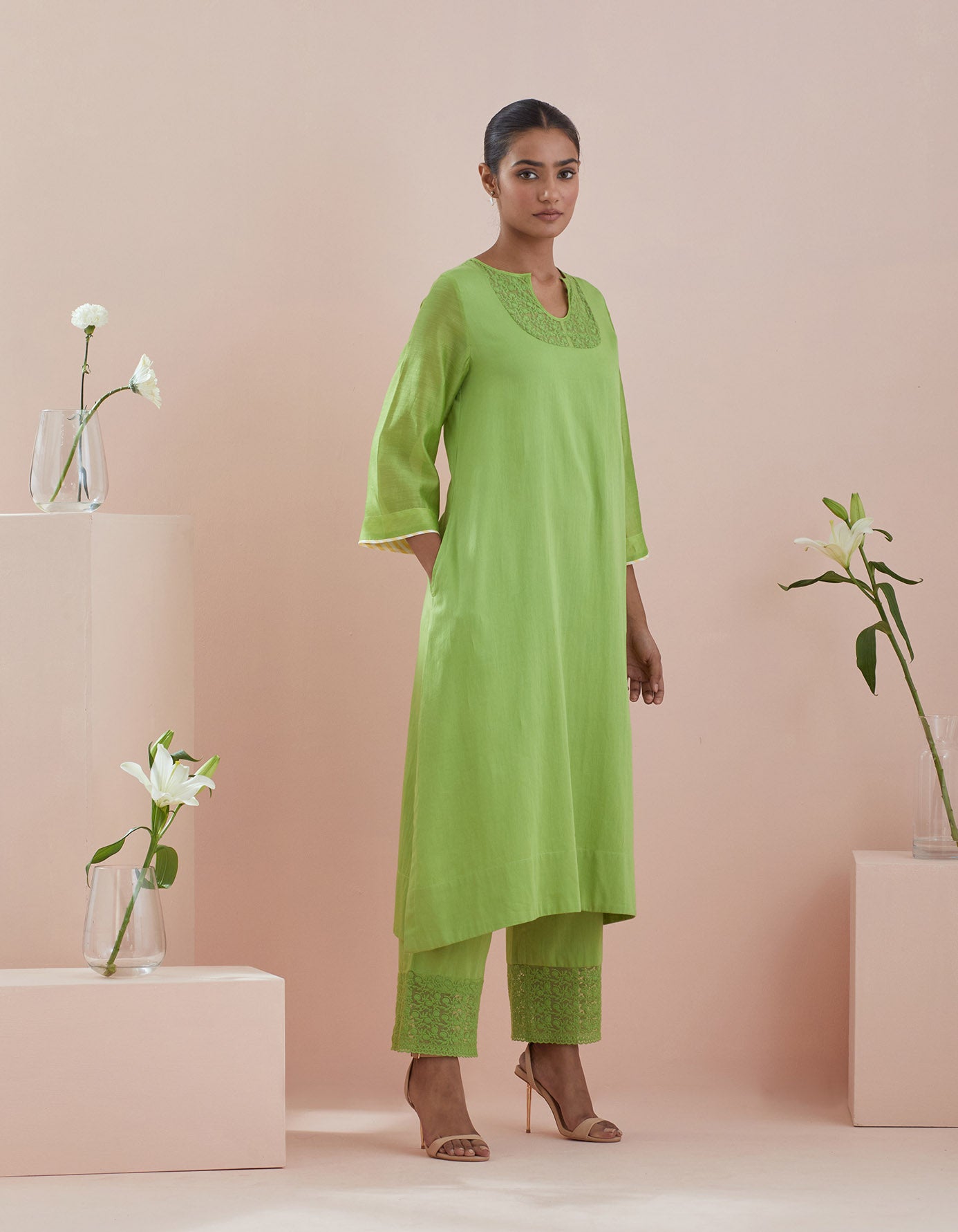 A line Kurta with Cropped Pants with Lace & Green Cotton Dupatta