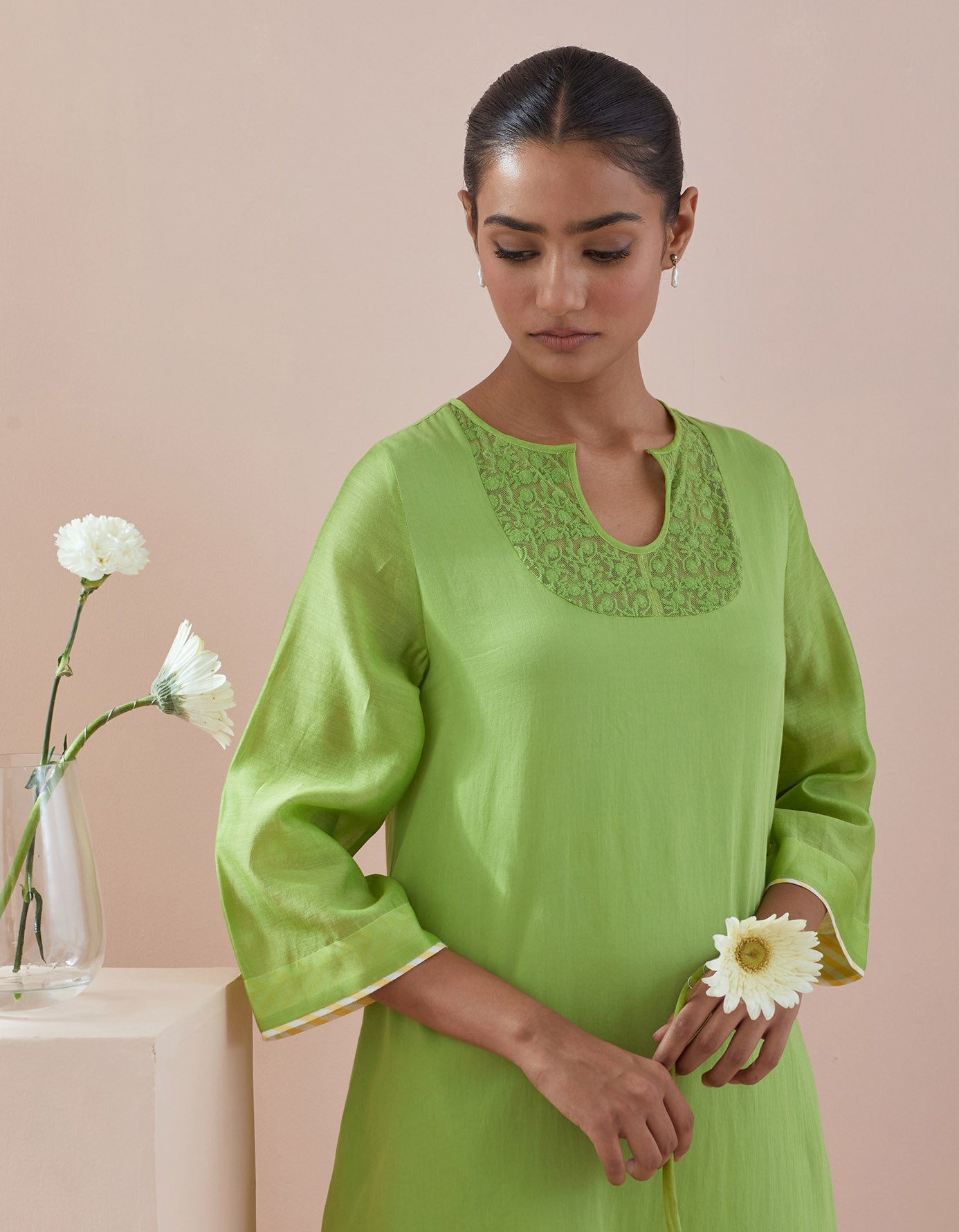 A line Kurta with Cropped Pants with Lace & Green Cotton Dupatta