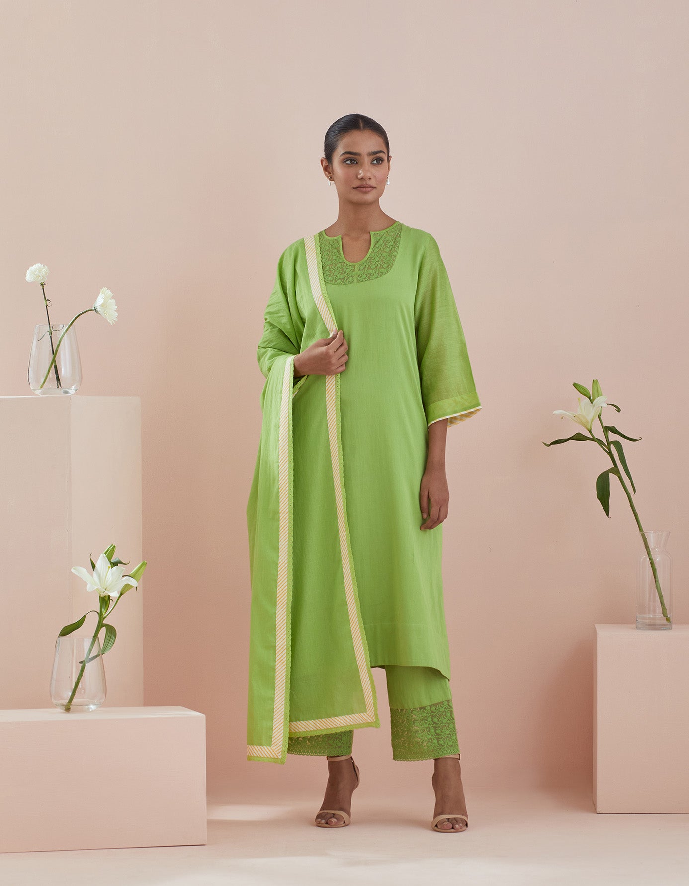 A line Kurta with Cropped Pants with Lace & Green Cotton Dupatta