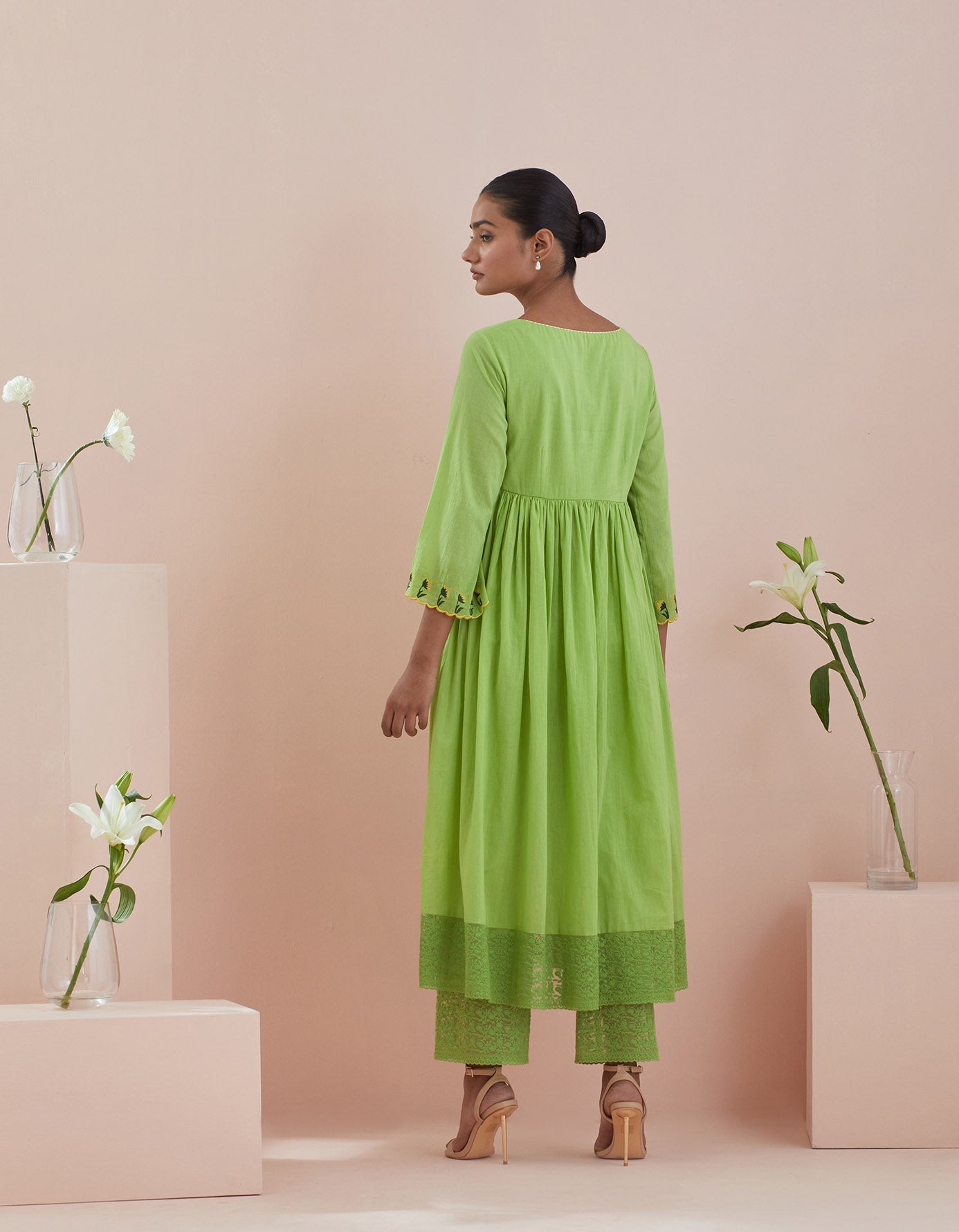 Anarkali Kurta, Crop Pants with Lace Inserts, and Green Cotton Dupatta