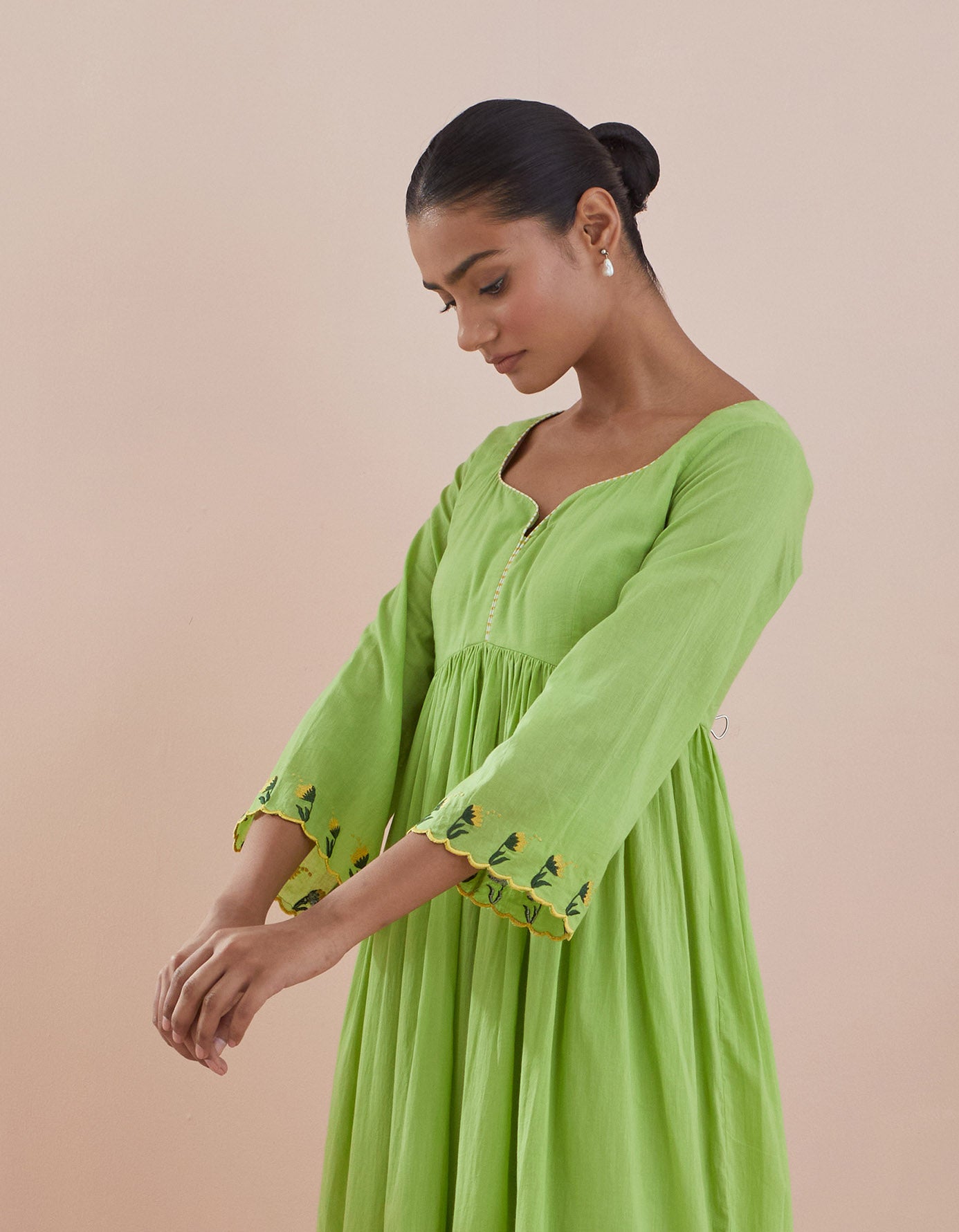 Anarkali Kurta, Crop Pants with Lace Inserts, and Green Cotton Dupatta