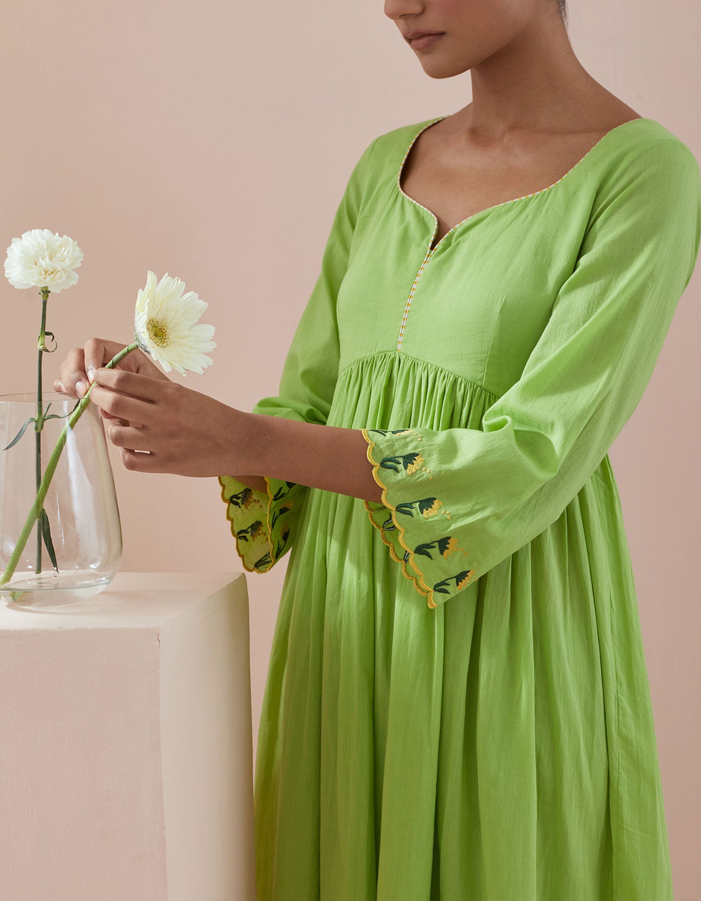 Anarkali Kurta, Crop Pants with Lace Inserts, and Green Cotton Dupatta