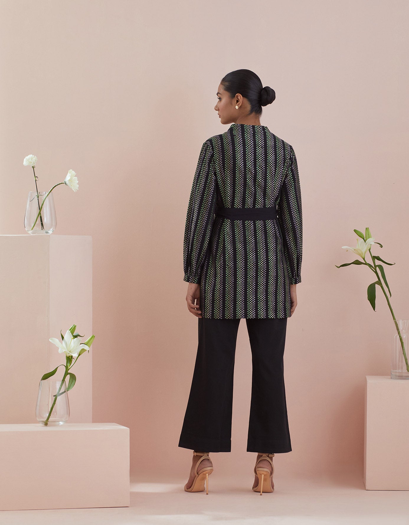 Co-ordinate Set- Front Open Tunic in Textured Cotton With Black Pants