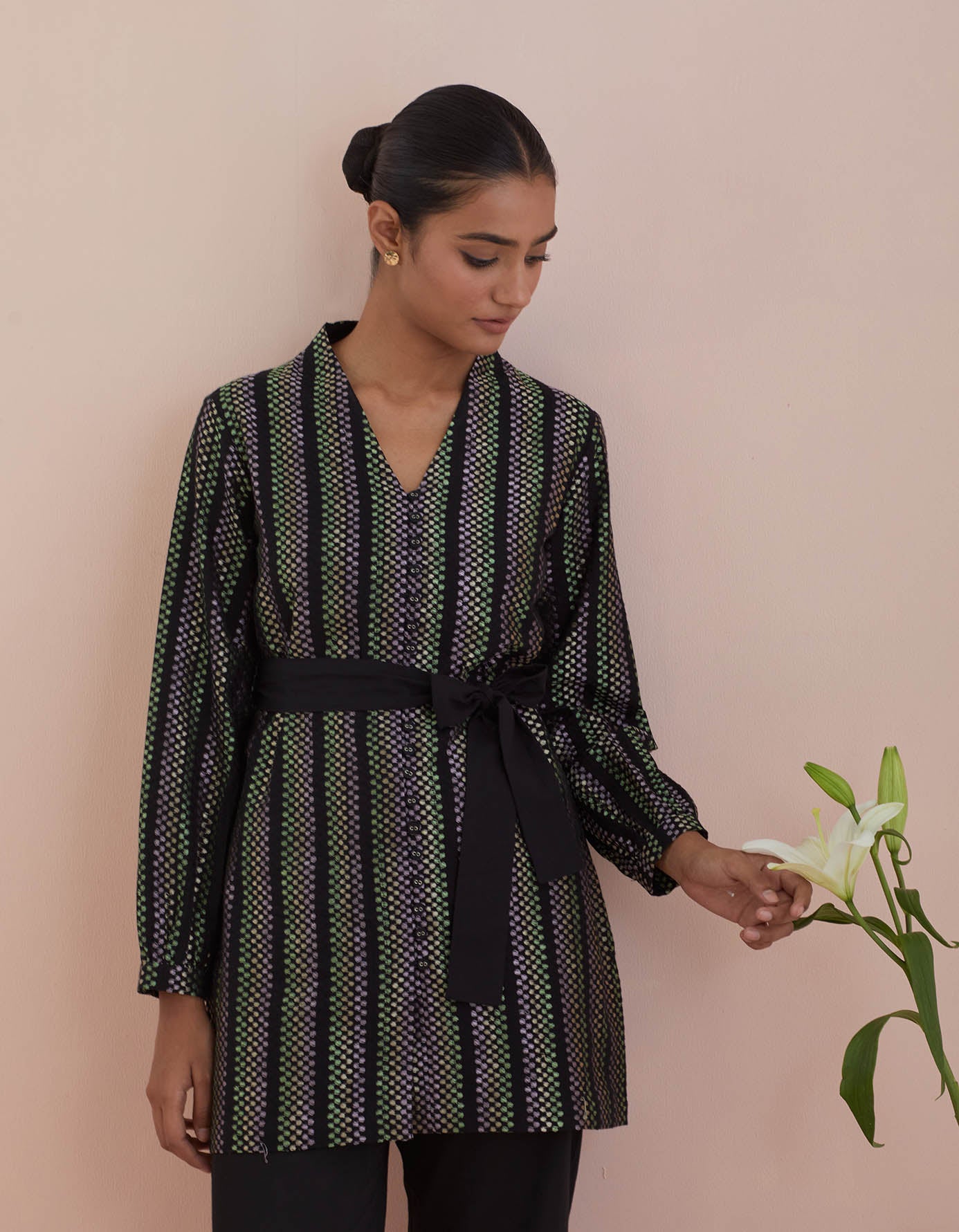 Co-ordinate Set- Front Open Tunic in Textured Cotton With Black Pants