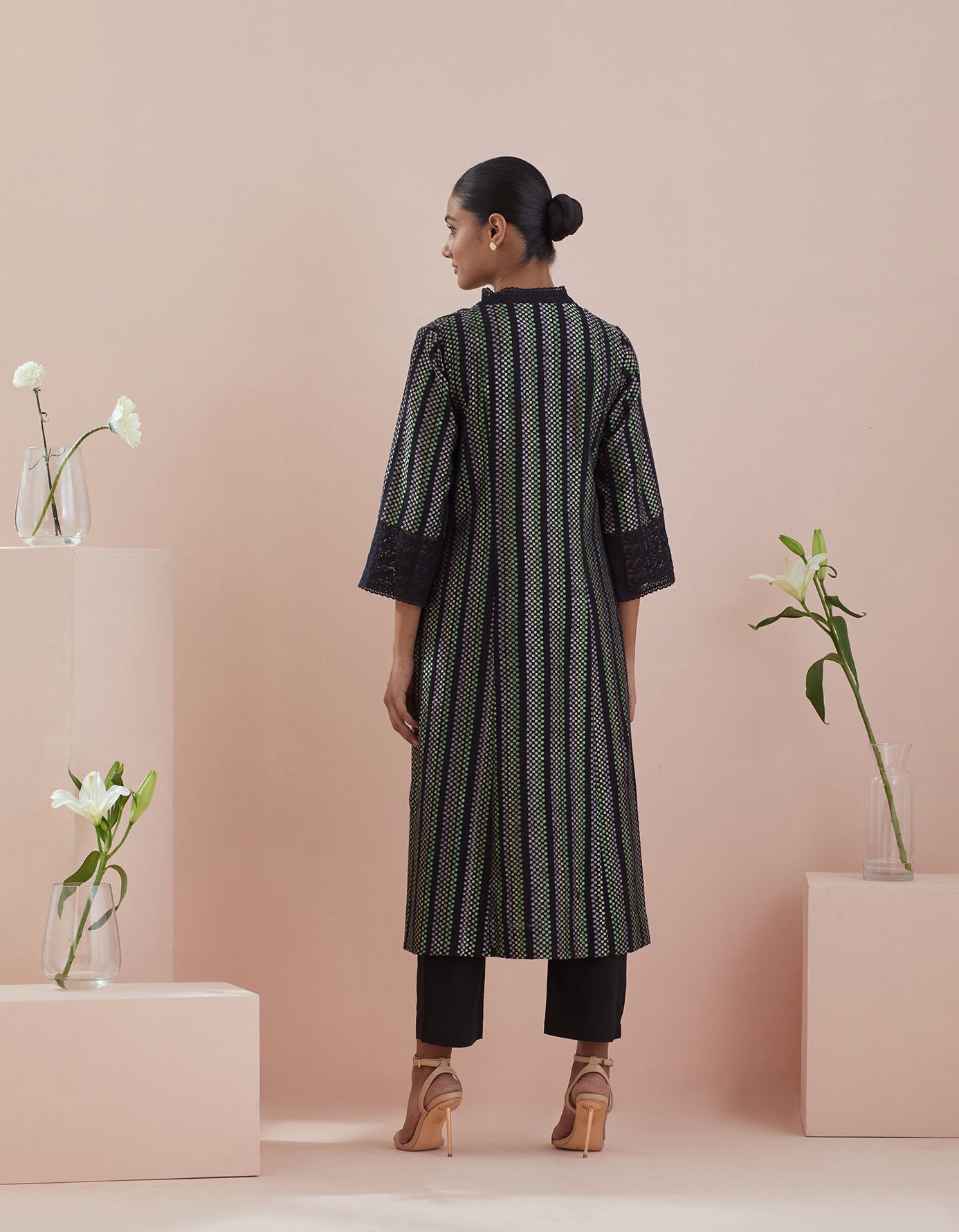 A line Kurta in Textured Cotton with Solid Black Pants