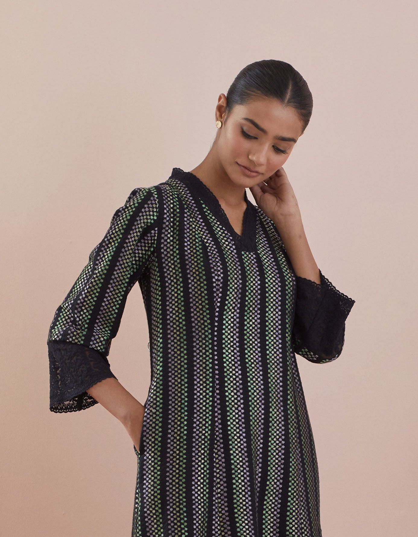 A line Kurta in Textured Cotton with Solid Black Pants