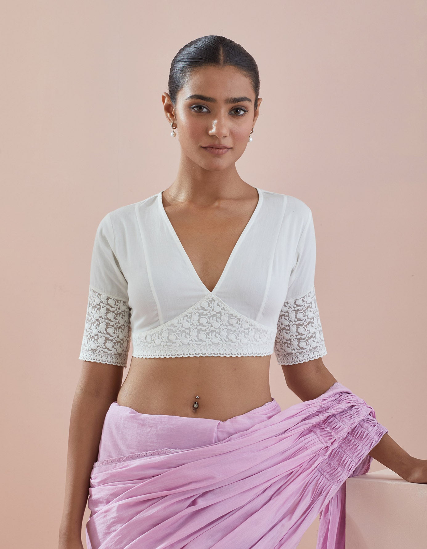 Pin tuck Saree with White Blouse in Cotton