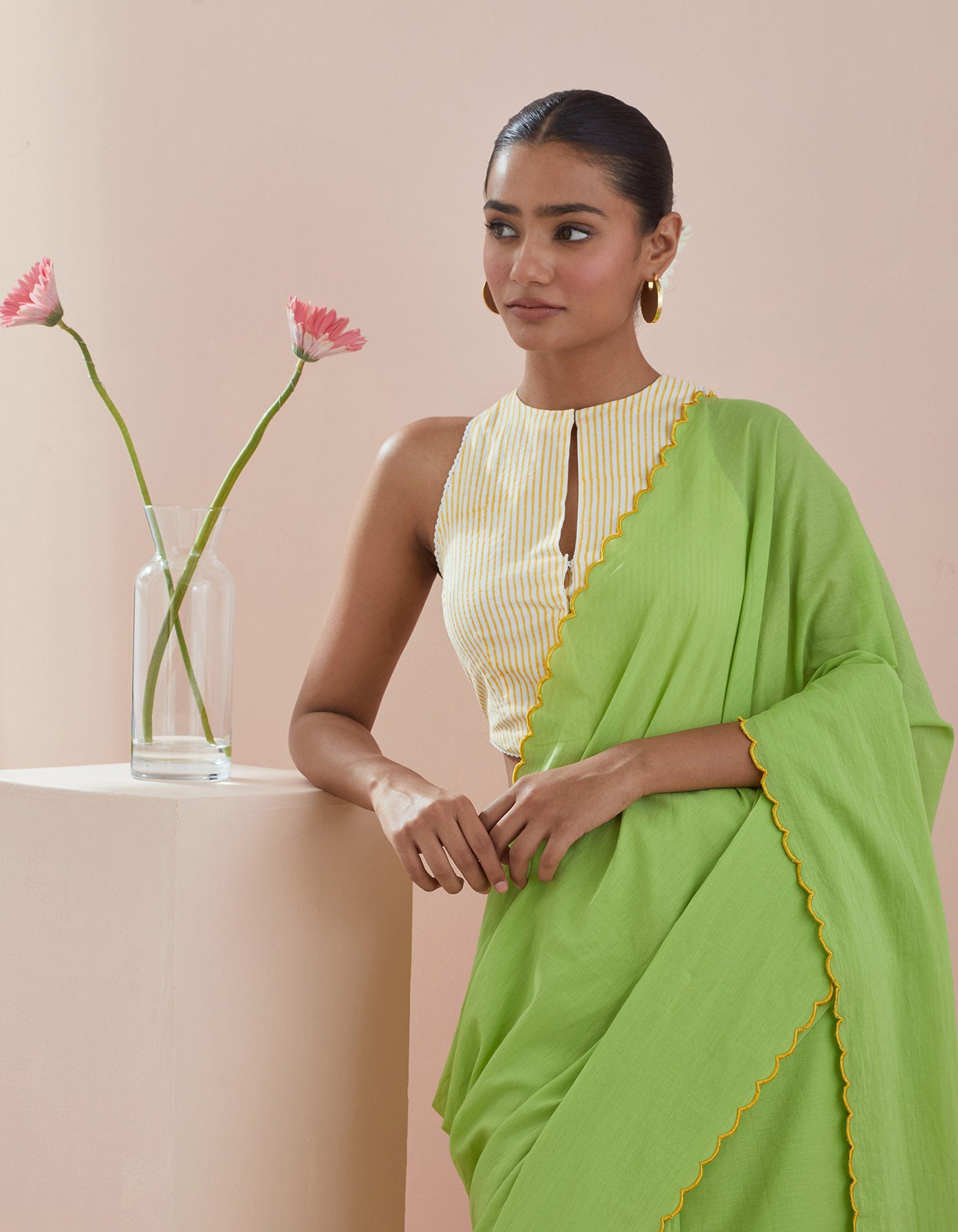 Green Cotton Saree with Green embroidery and Pinstripe Blouse