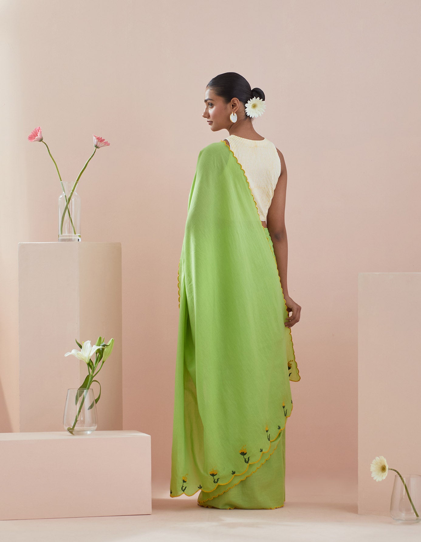 Green Cotton Saree with Green embroidery and Pinstripe Blouse
