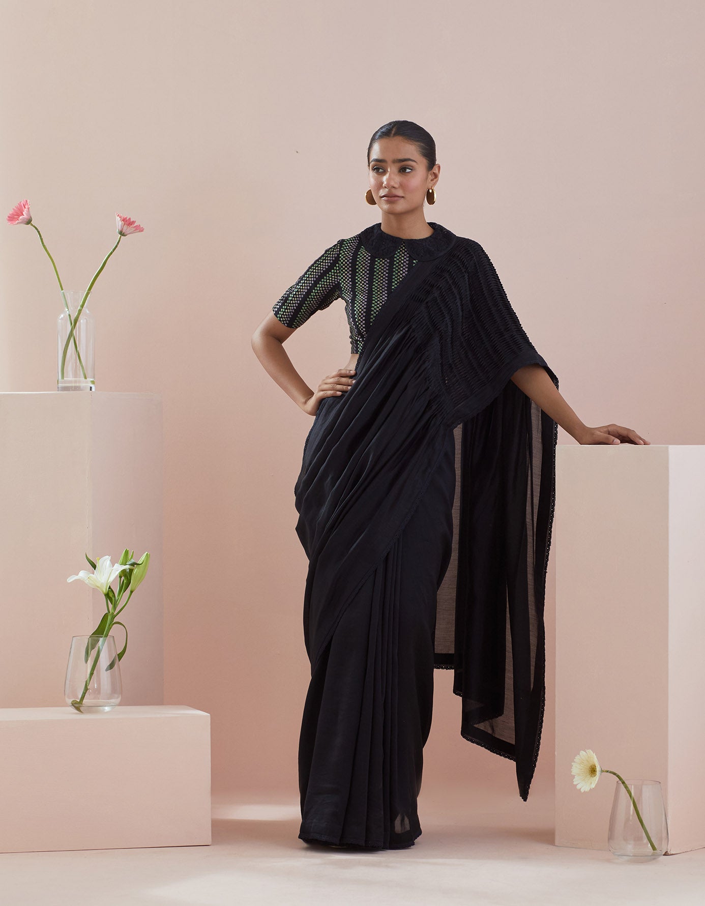 Chanderi Saree with Textured Cotton Blouse in Black