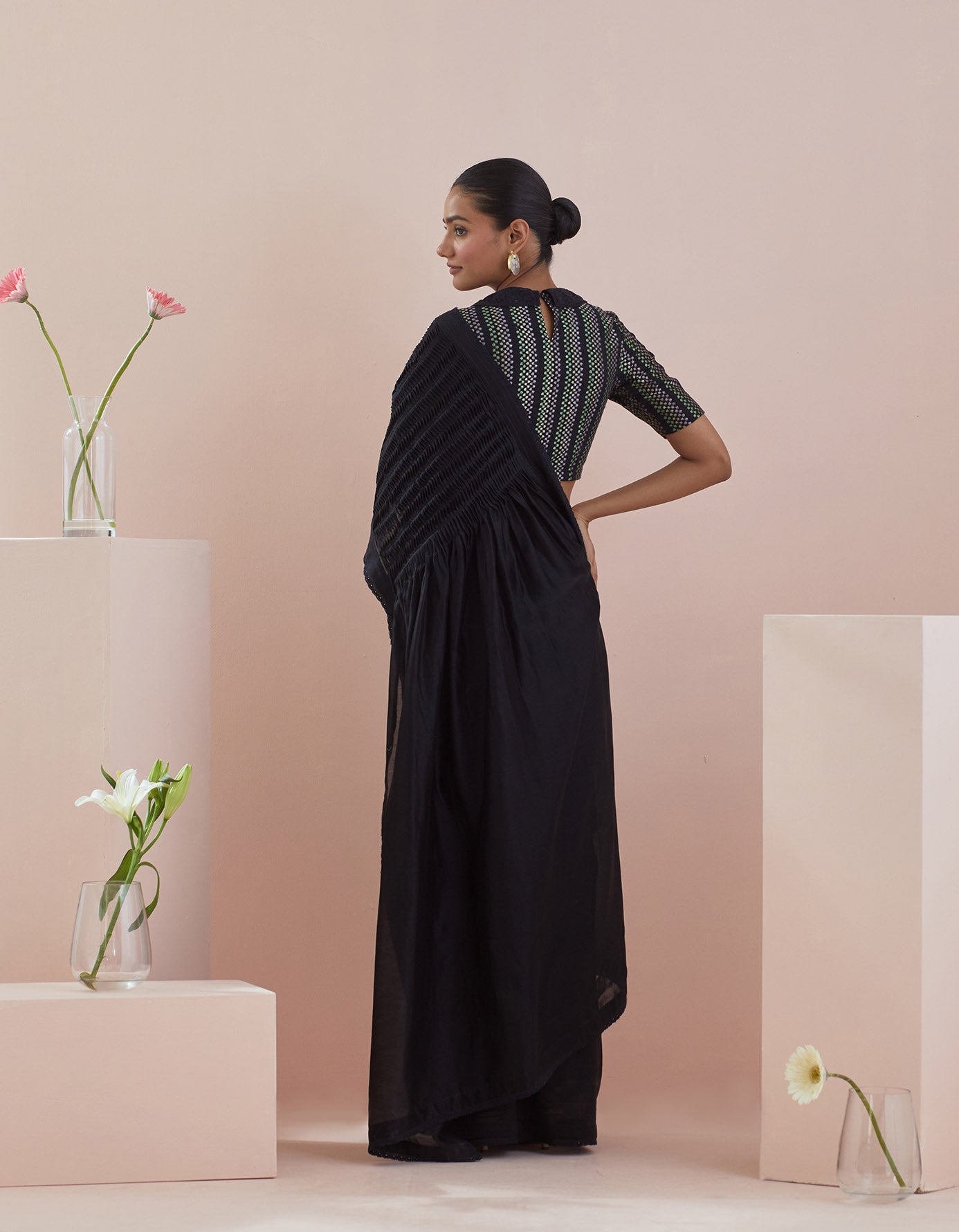 Chanderi Saree with Textured Cotton Blouse in Black