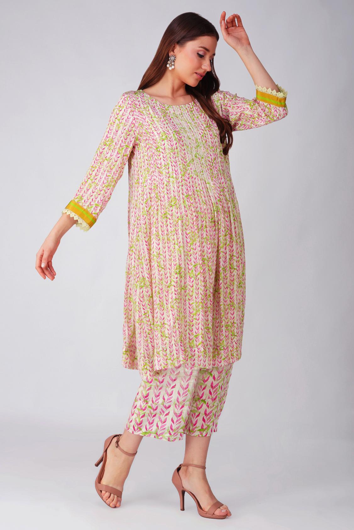 PINK LEAF PLEATED TUNIC SET