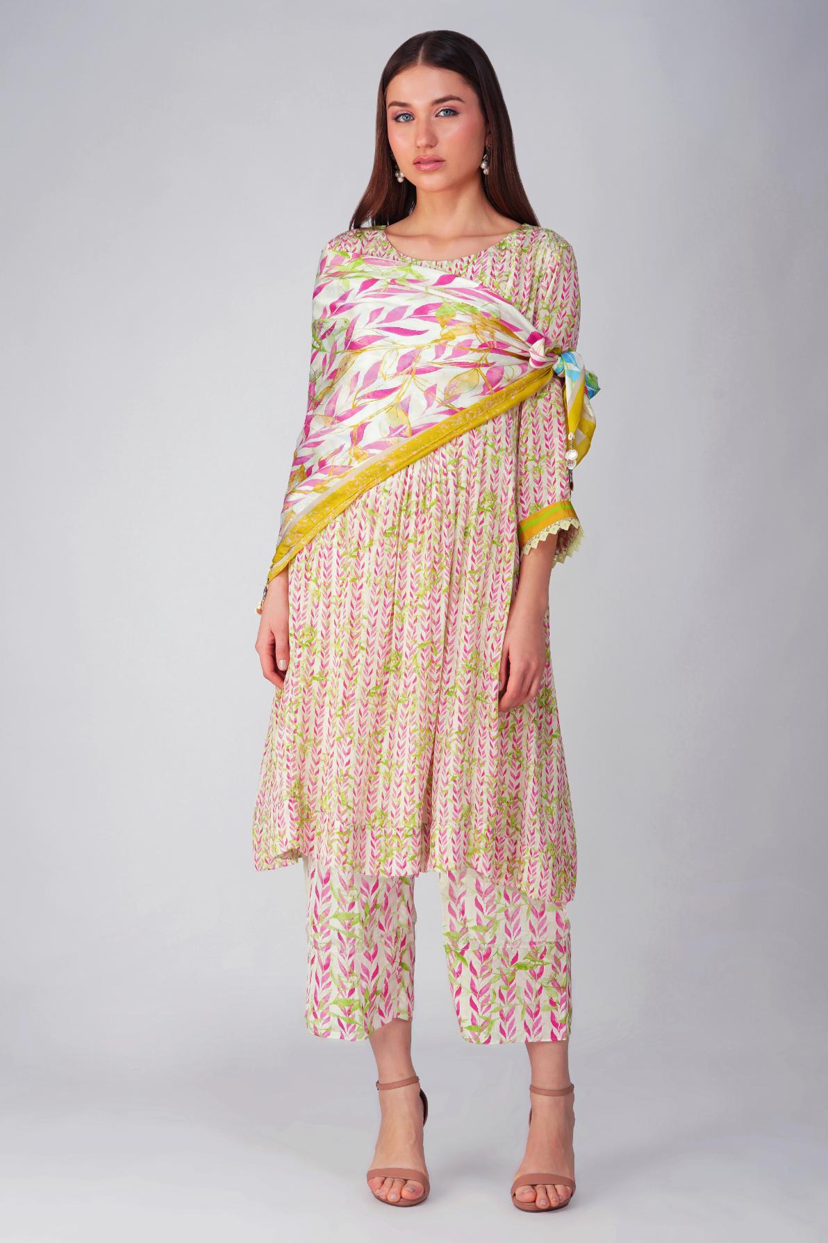 PINK LEAF PLEATED TUNIC SET