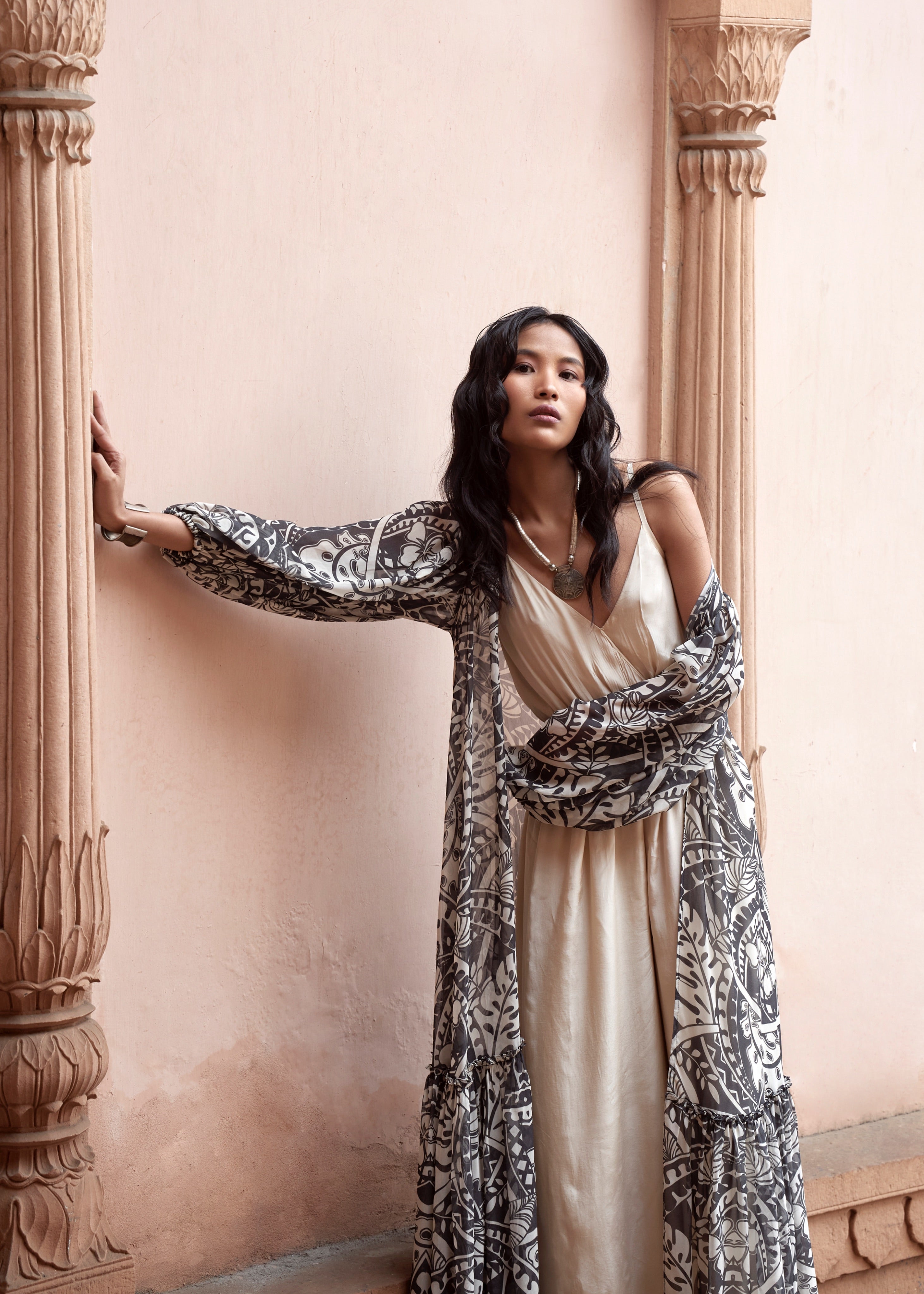 Geometric Motif Jumpsuit with Flowy Printed Jacket