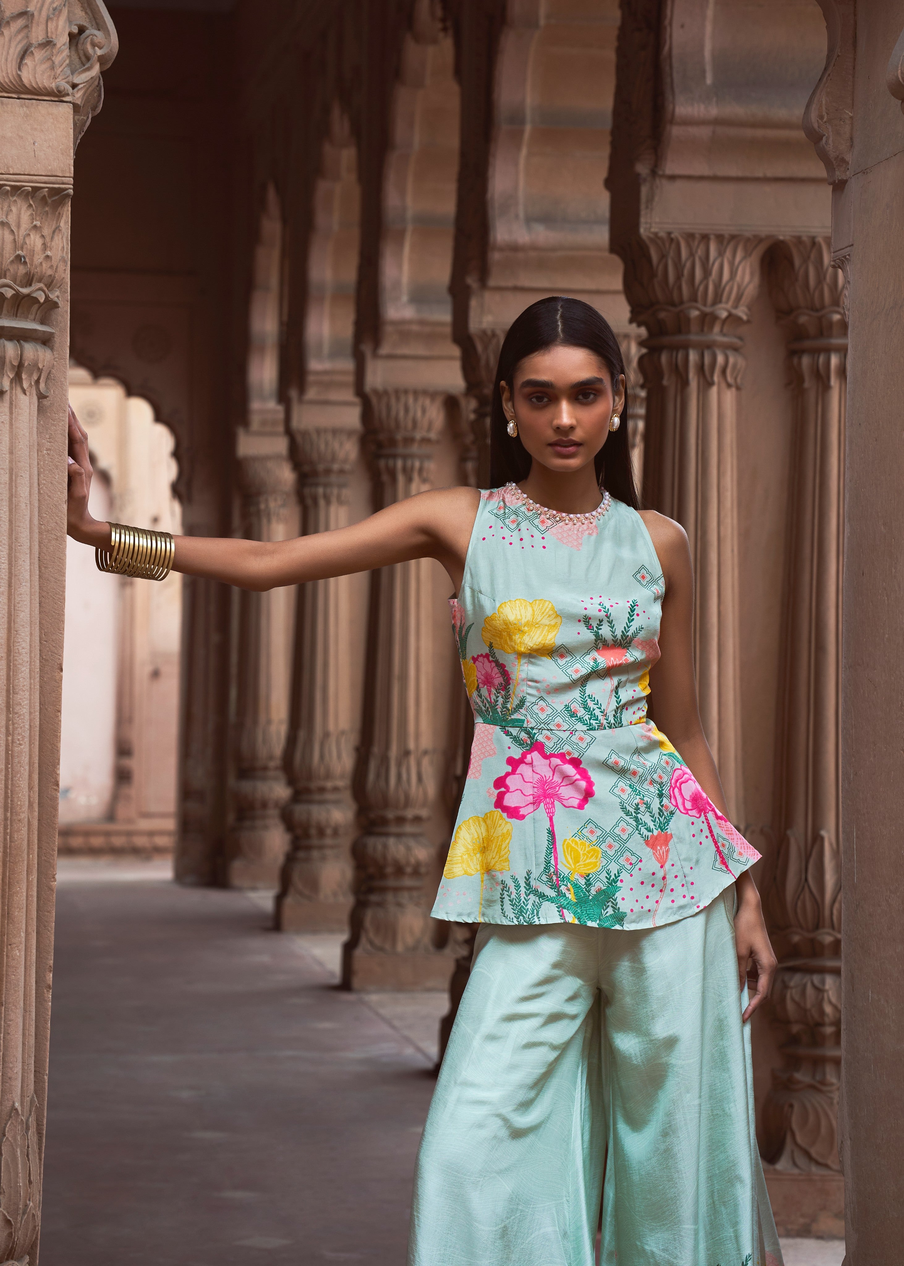 Aquatic Floral Peplum Top & Textured Palazzo Pants Set