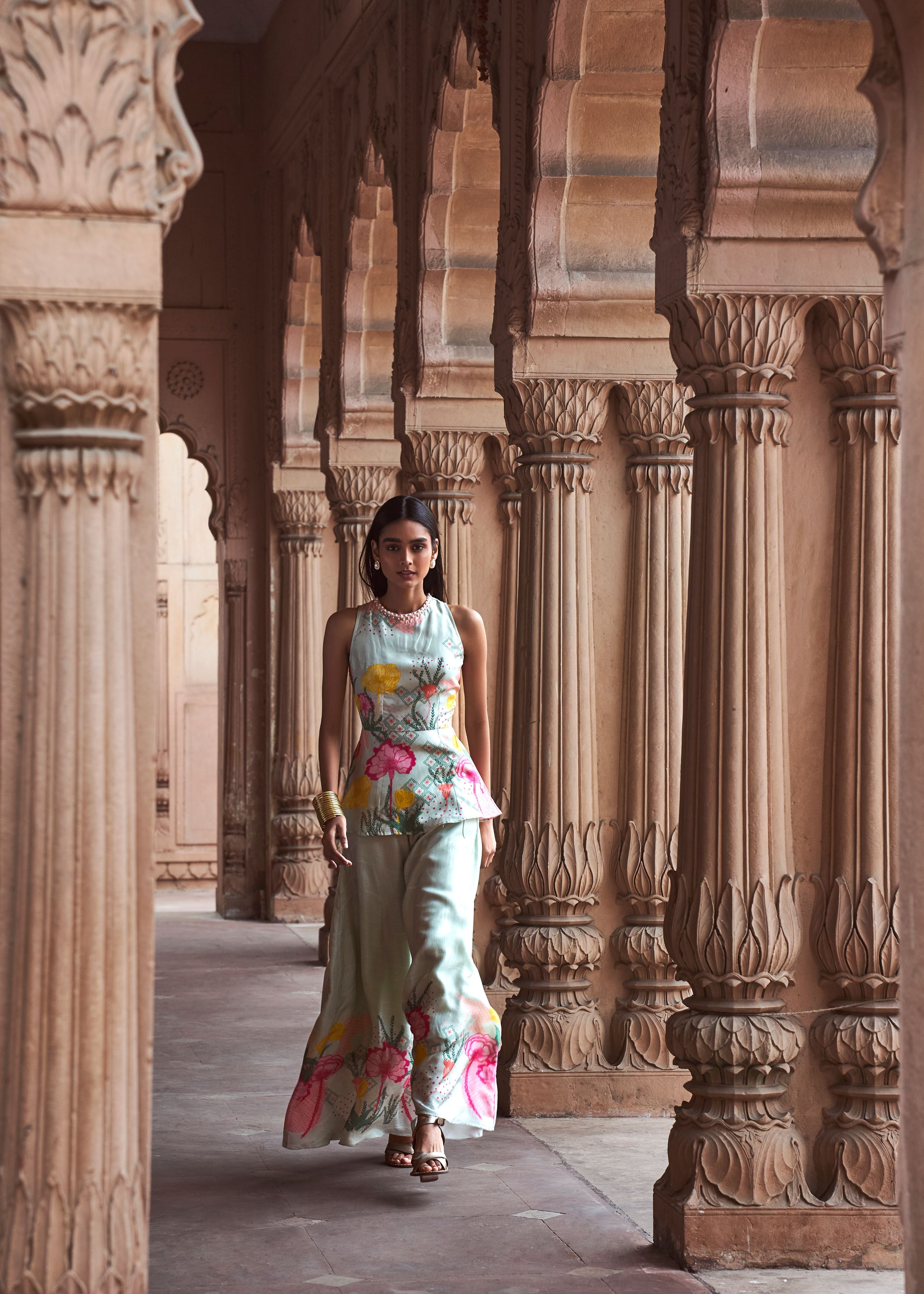 Aquatic Floral Peplum Top & Textured Palazzo Pants Set