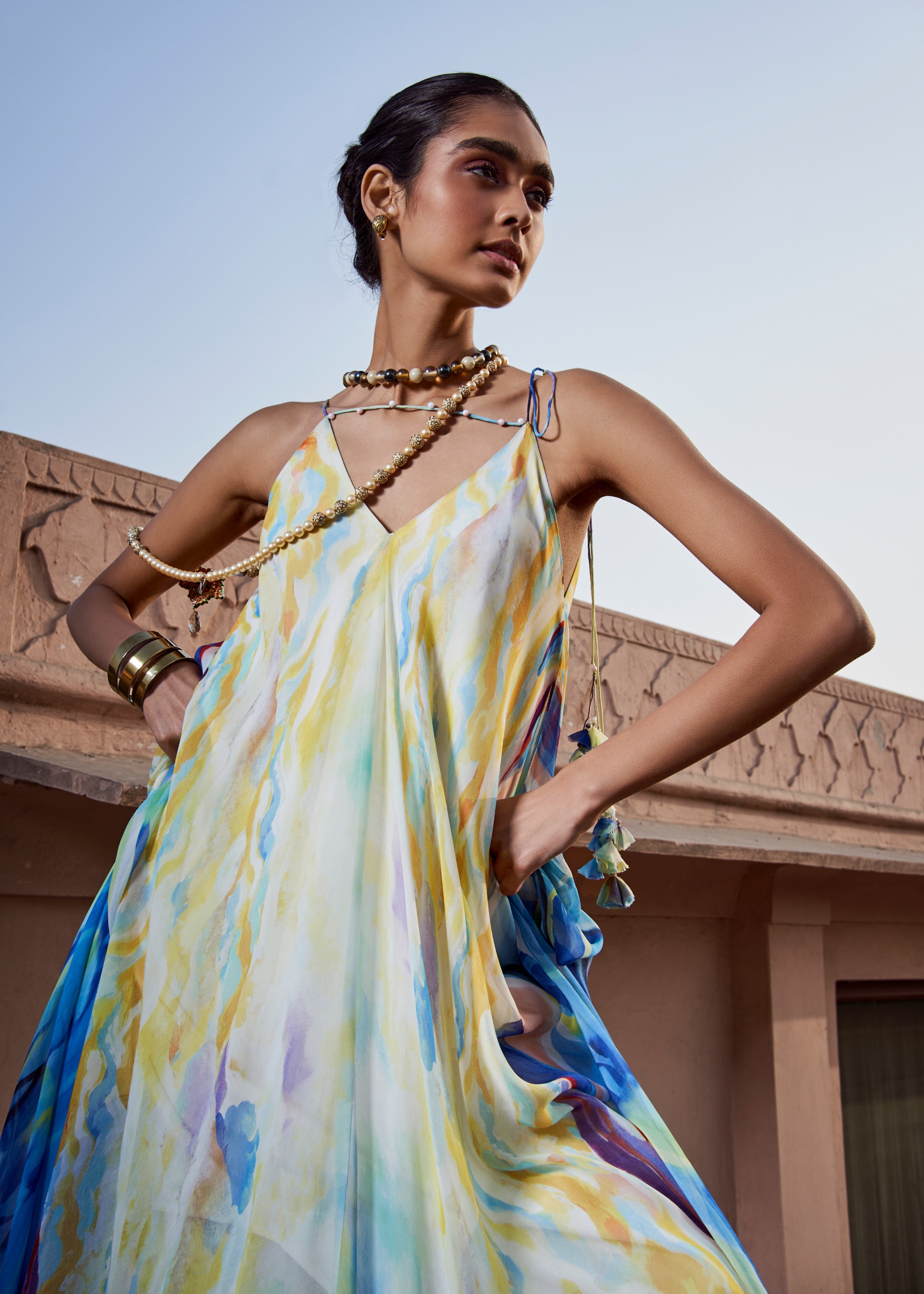 Hand-Painted A-Line Tunic & Ivory Pencil Pants
