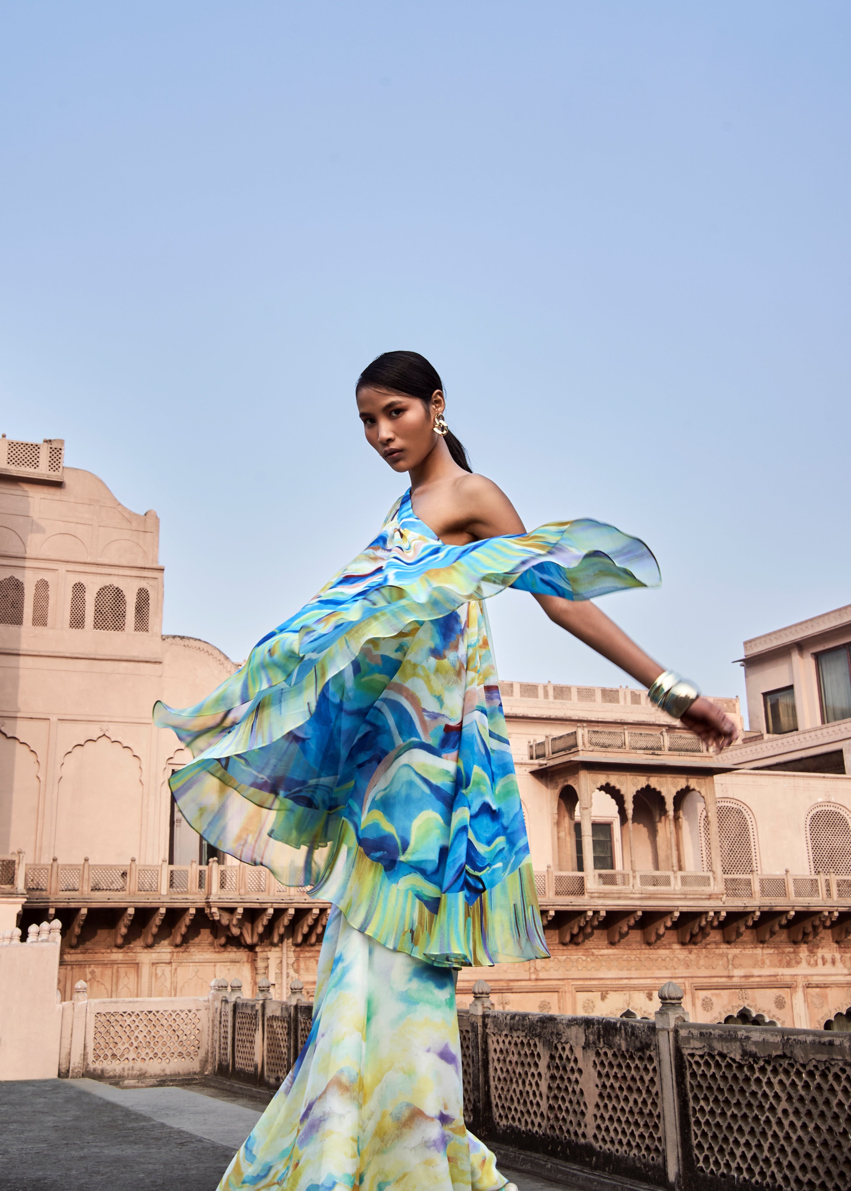 Multi color One-Shoulder Tunic with Flared Sharara