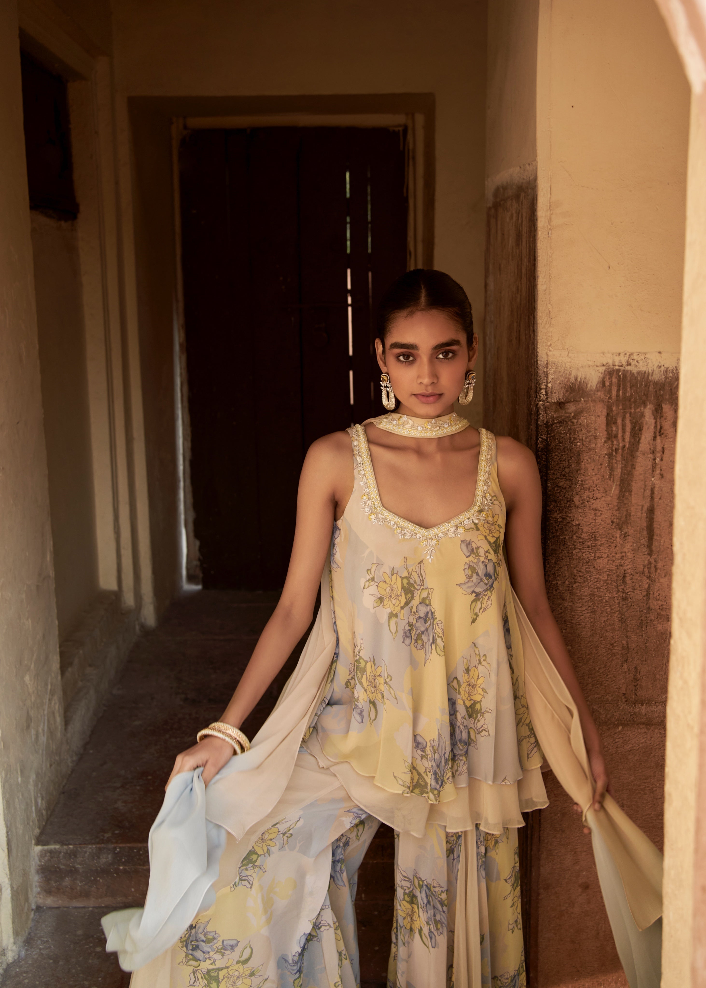 Sky Blue Sleeveless Tunic & Georgette Sharara Set