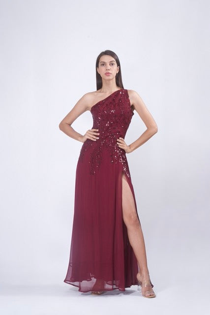 Burgundy One Shoulder Gown