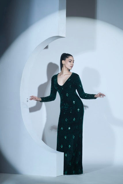 Green Embellished Silk Velvet Gown