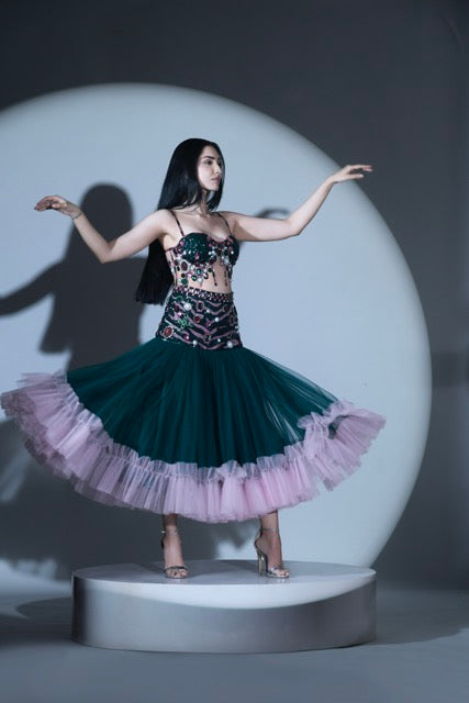 Green and Pink Corset and Skirt Set