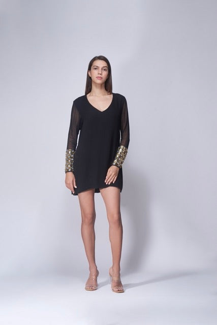 Black Embellished Cuff Shift Dress
